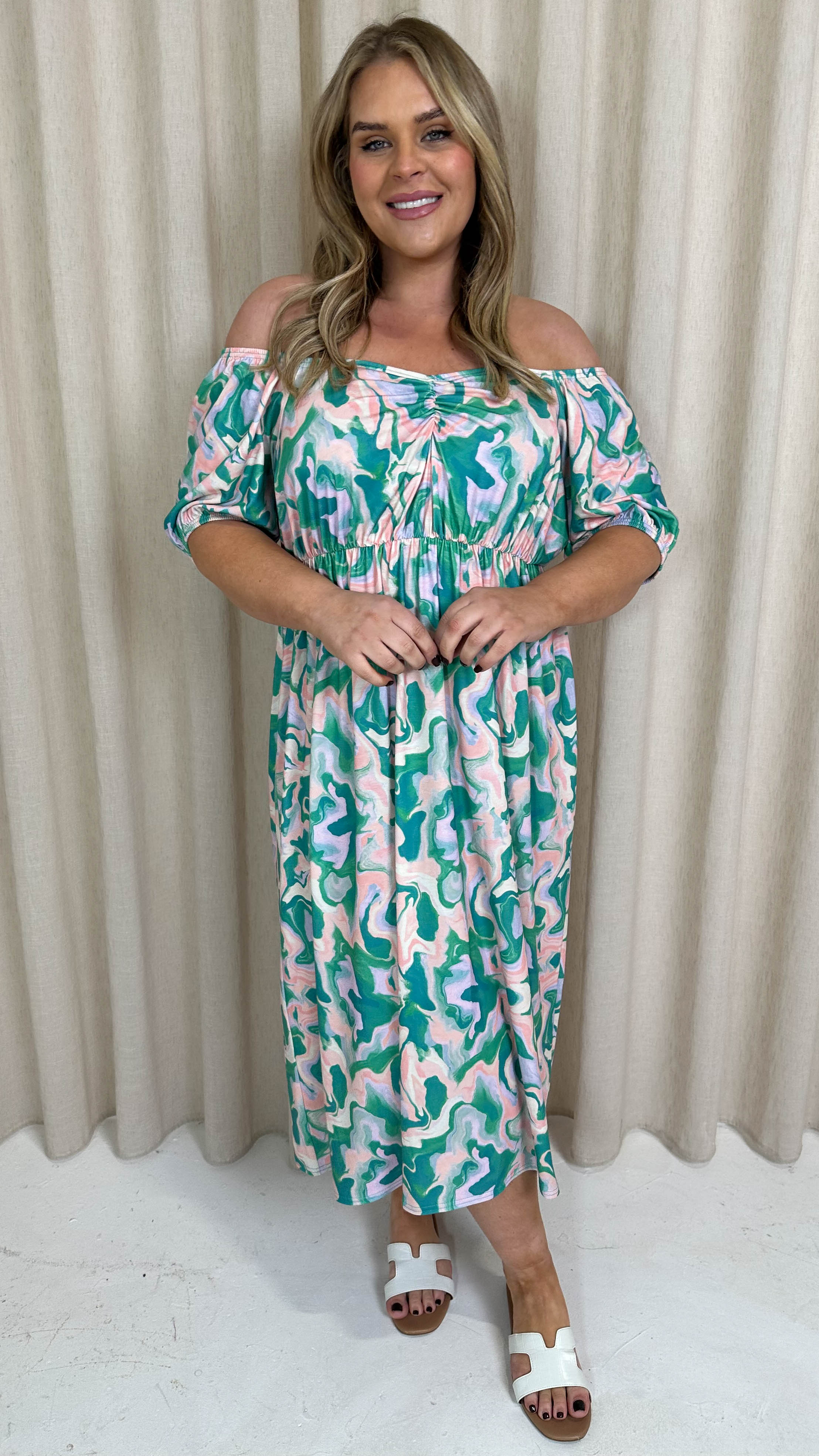 CurveWow Ruched Front Milk Maid Midi Dress Green Marble