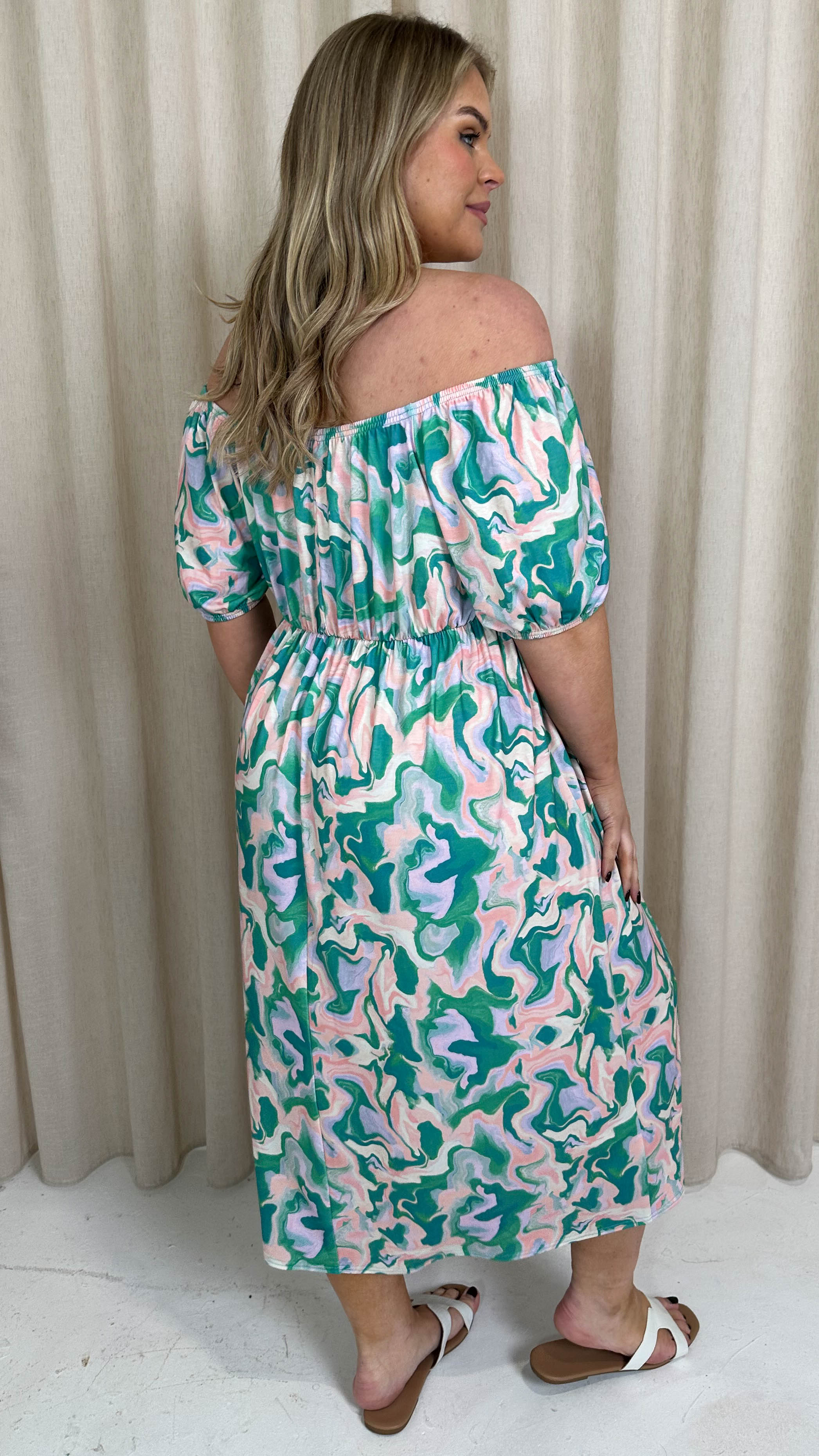 CurveWow Ruched Front Milk Maid Midi Dress Green Marble