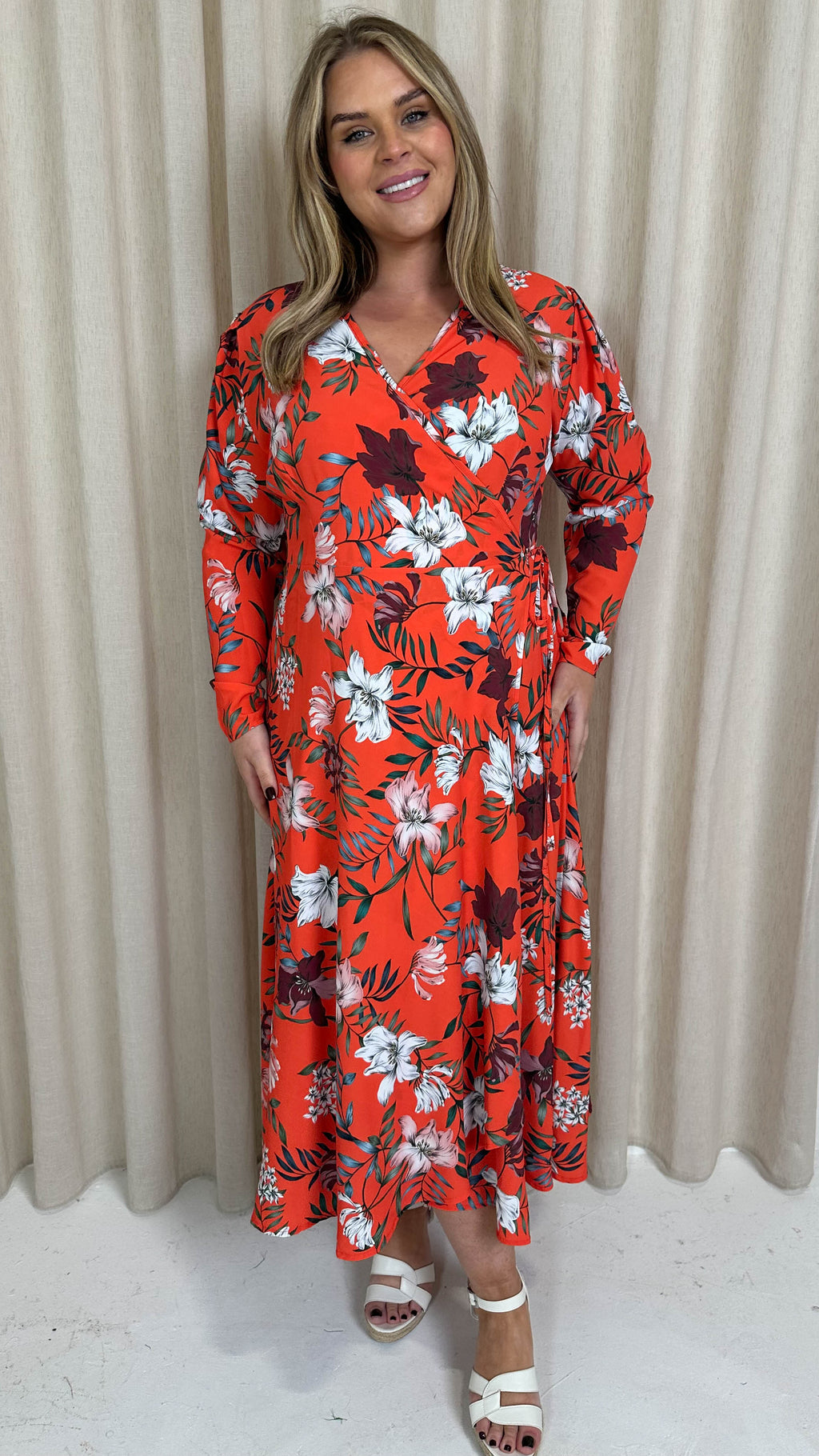 CurveWow Long Sleeve Wrap Dress Red Floral