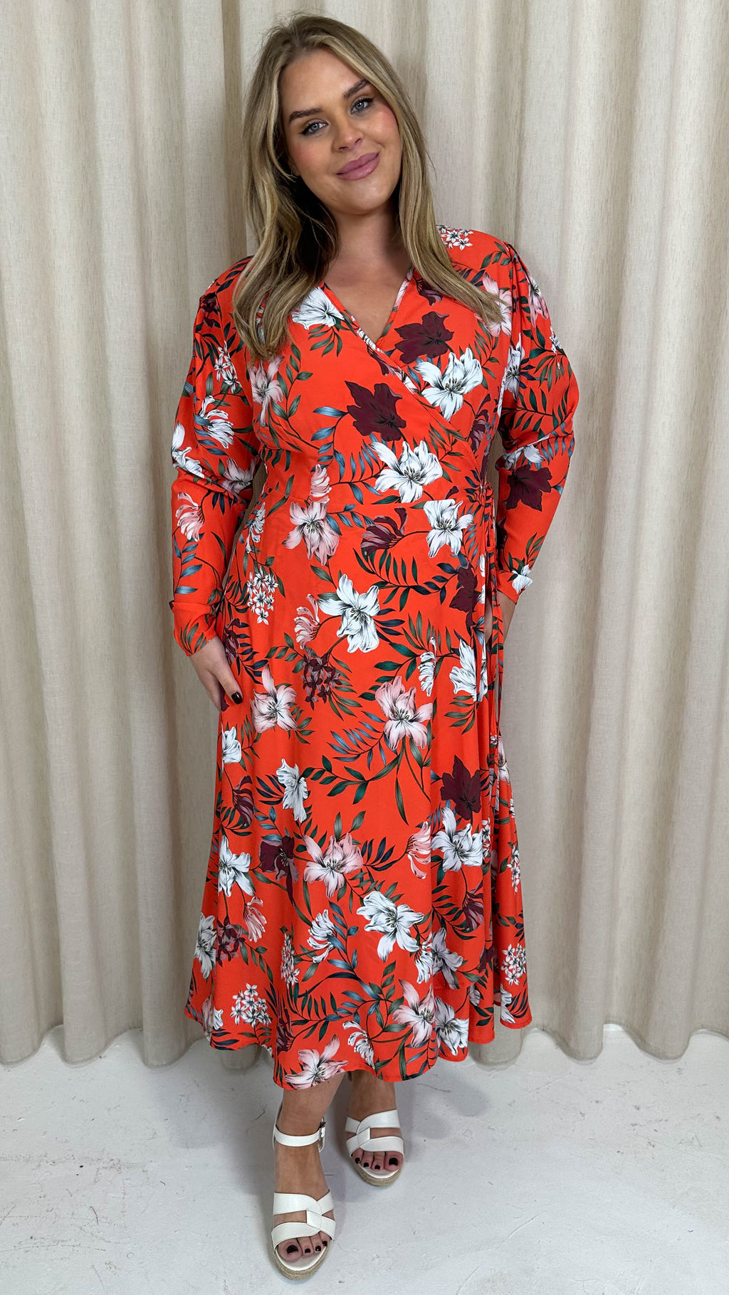 CurveWow Long Sleeve Wrap Dress Red Floral