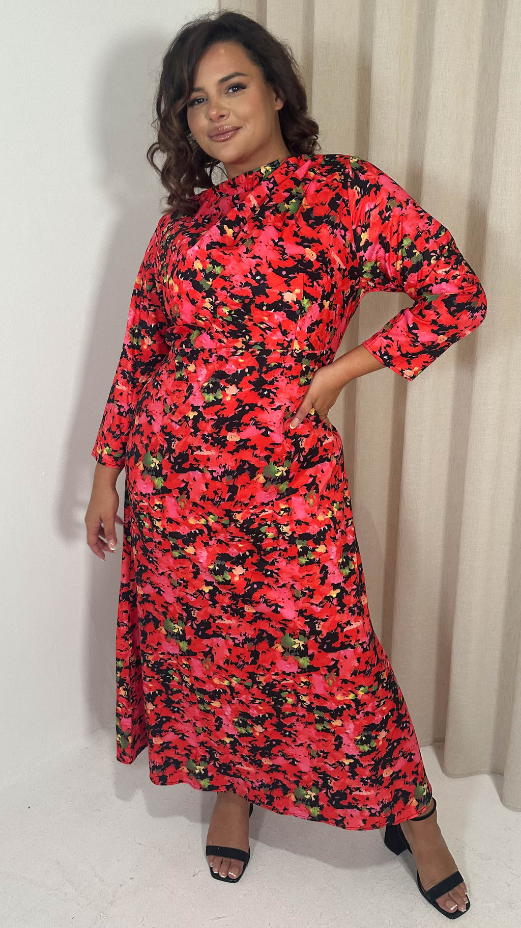 CurveWow Slash Neck Maxi Dress Red Floral