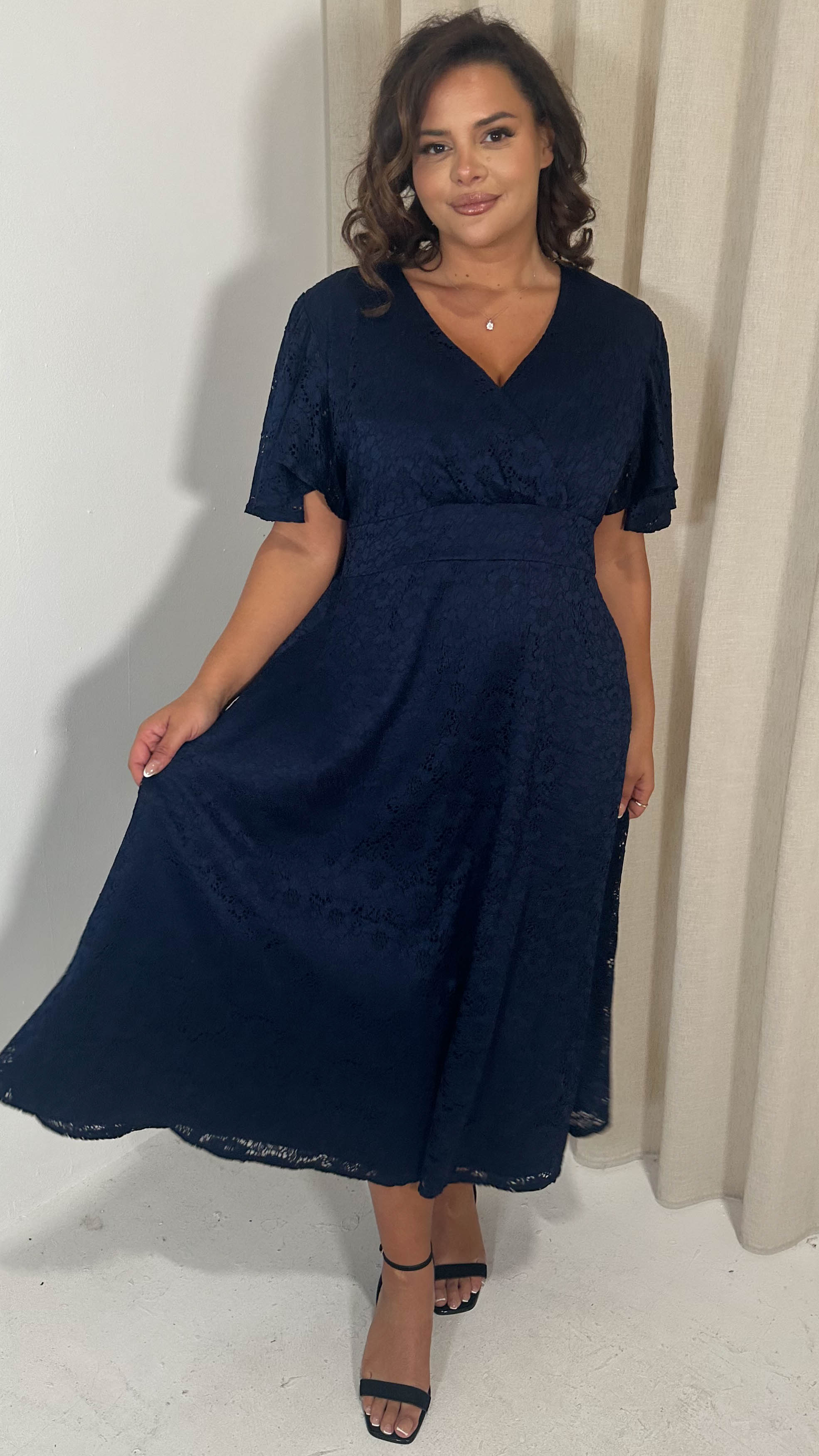 CurveWow Lace Angel Sleeve Dress Navy