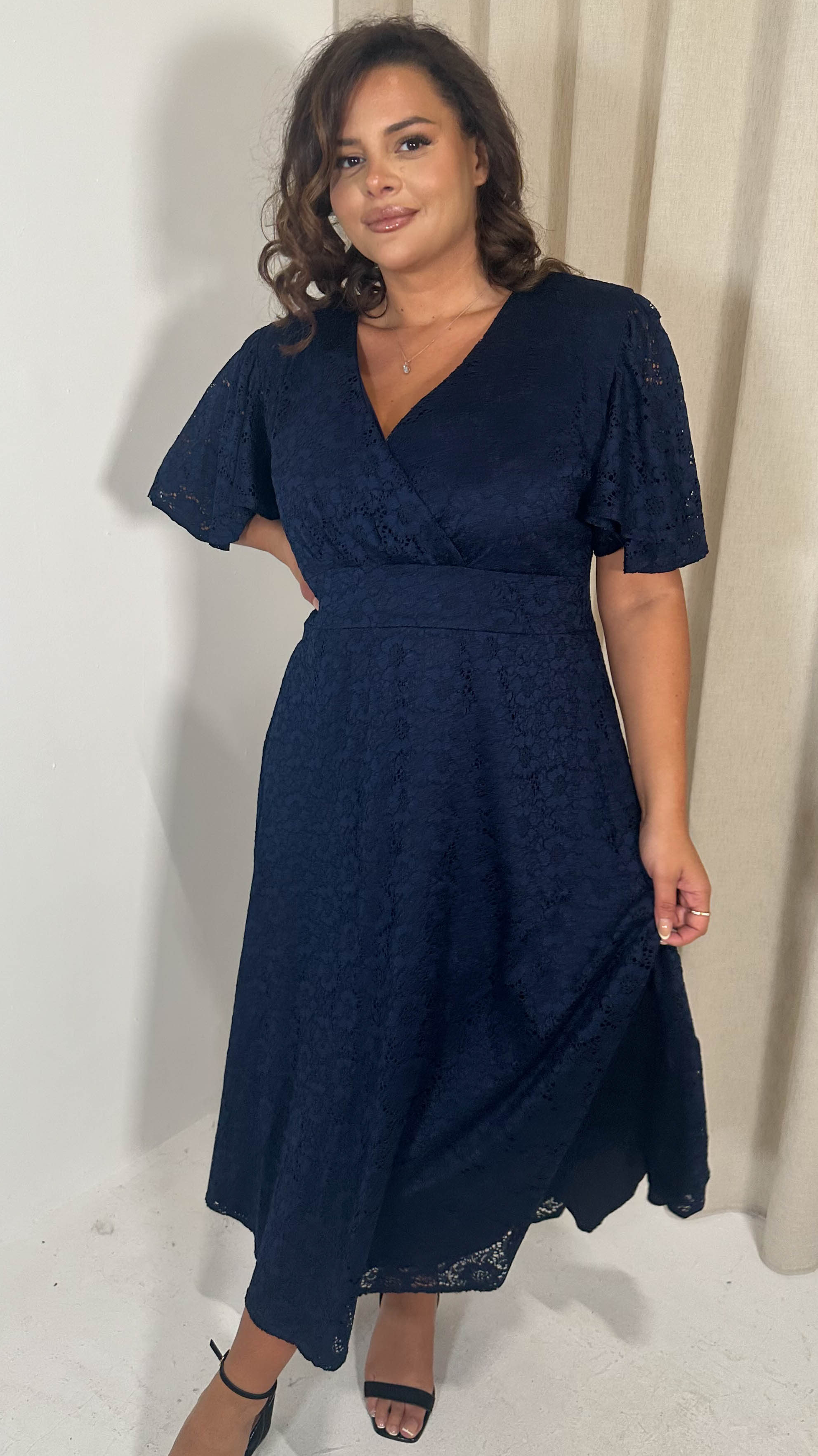 CurveWow Lace Angel Sleeve Dress Navy