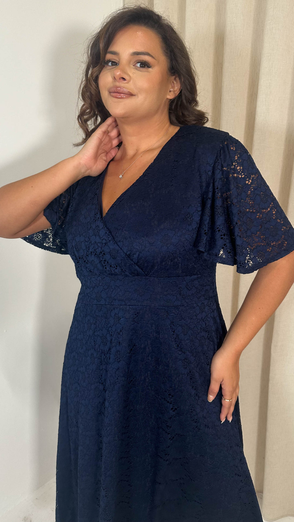 CurveWow Lace Angel Sleeve Dress Navy