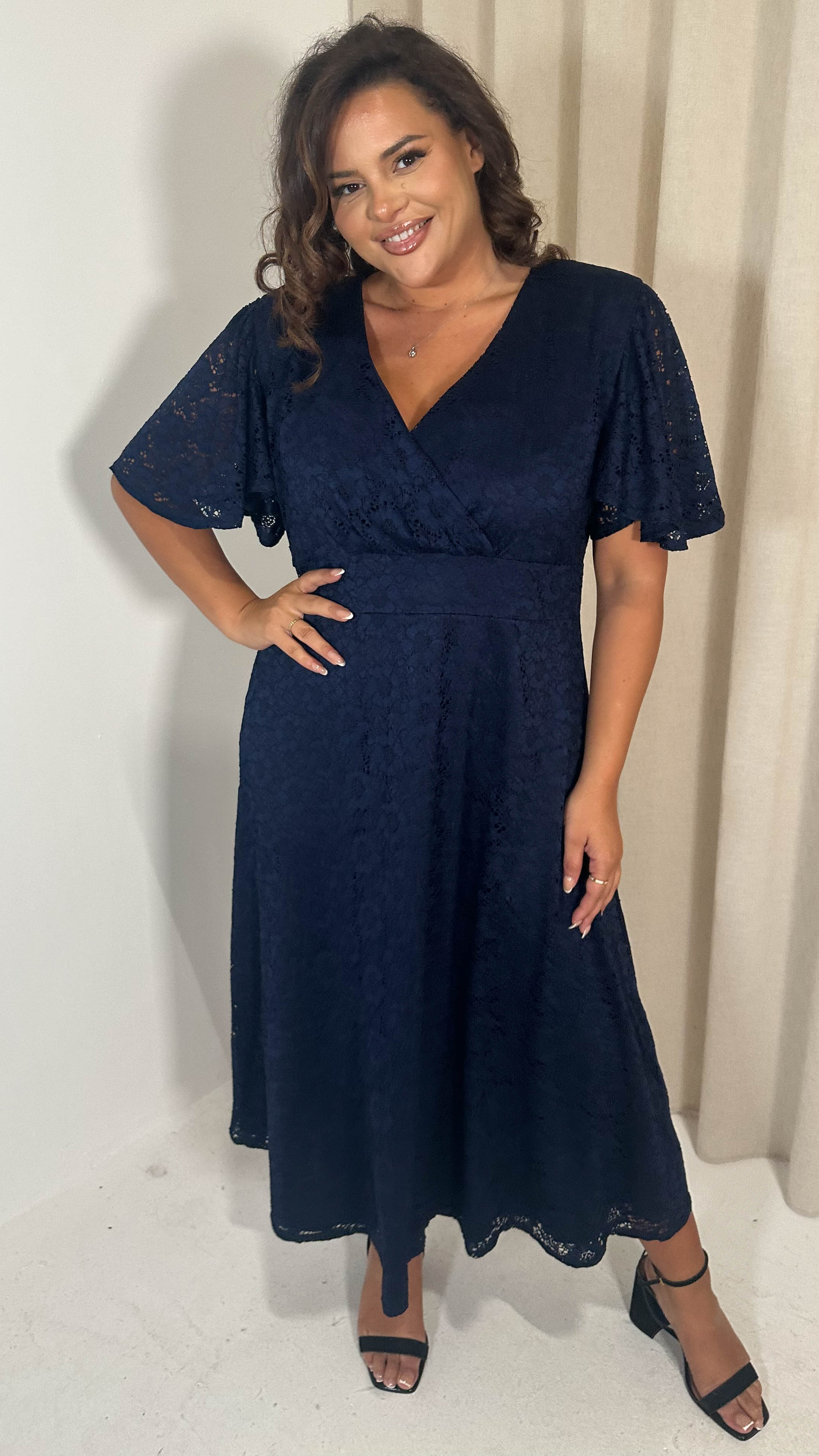 CurveWow Lace Angel Sleeve Dress Navy
