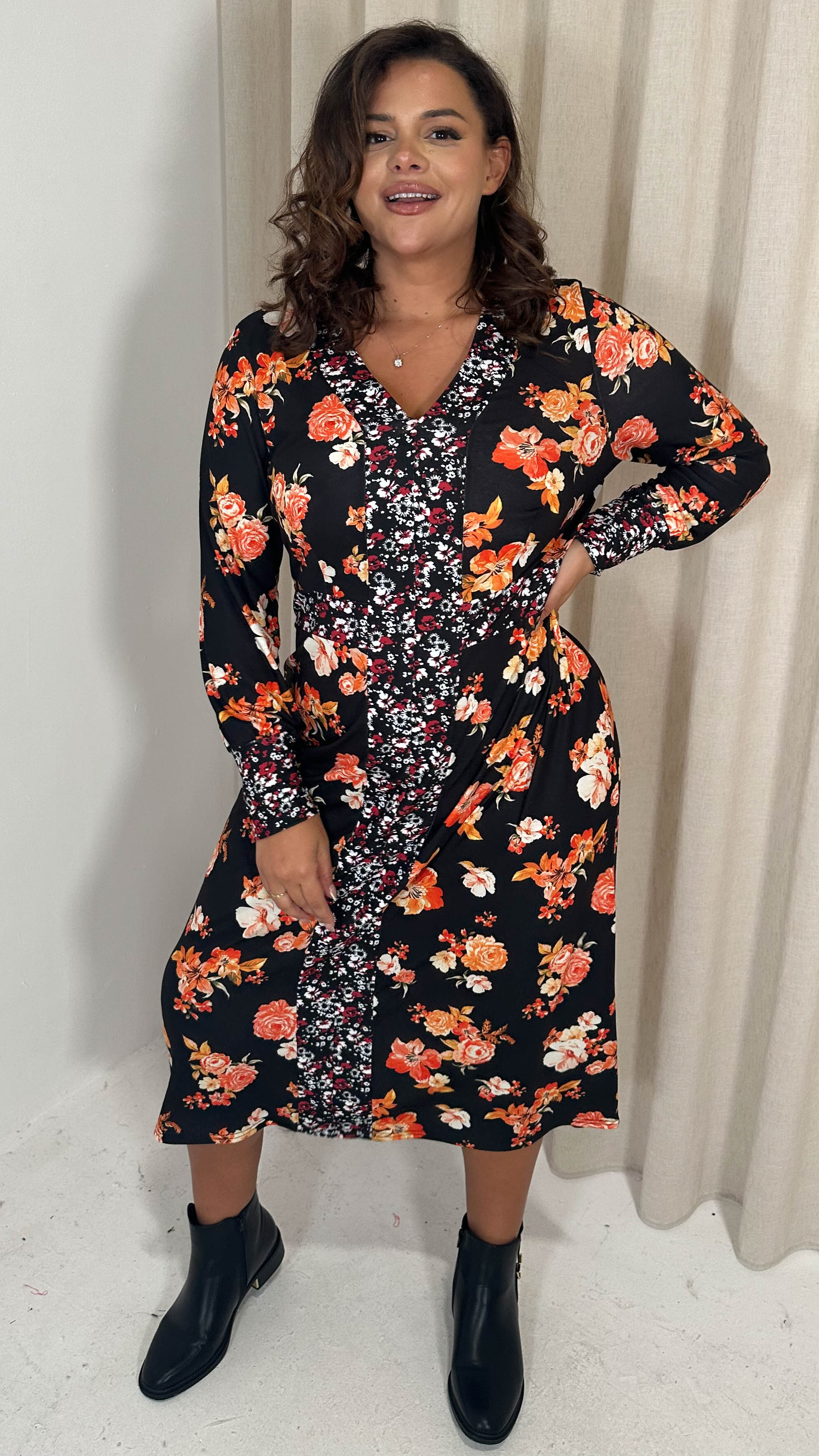 CurveWow V-Neck Spliced Floral Midi Dress Red & Orange Floral