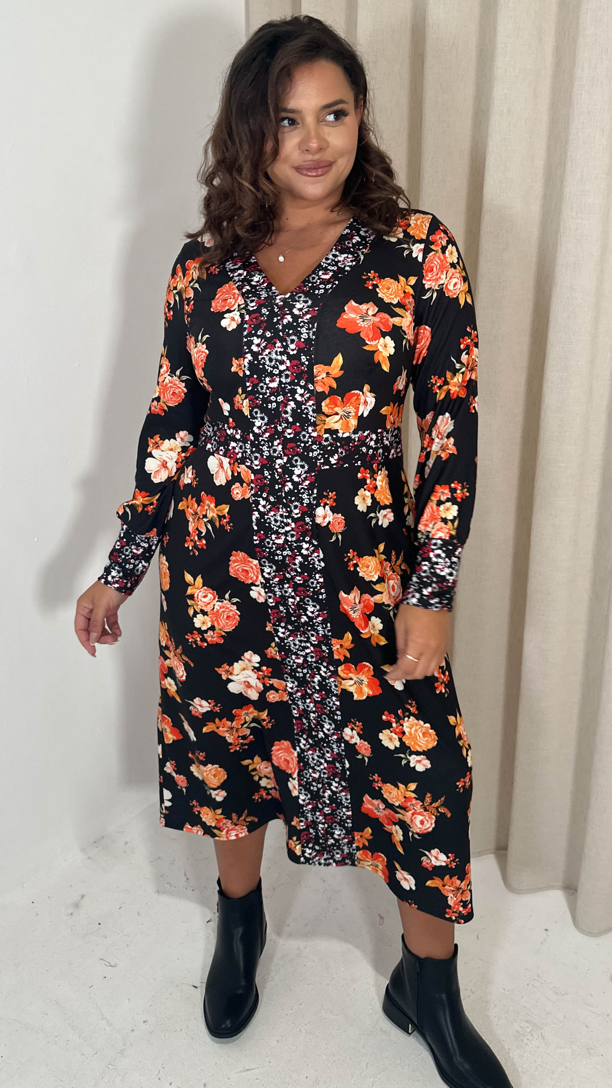 CurveWow V-Neck Spliced Floral Midi Dress Red & Orange Floral