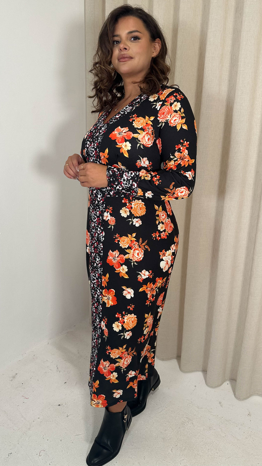 CurveWow V-Neck Spliced Floral Midi Dress Red & Orange Floral