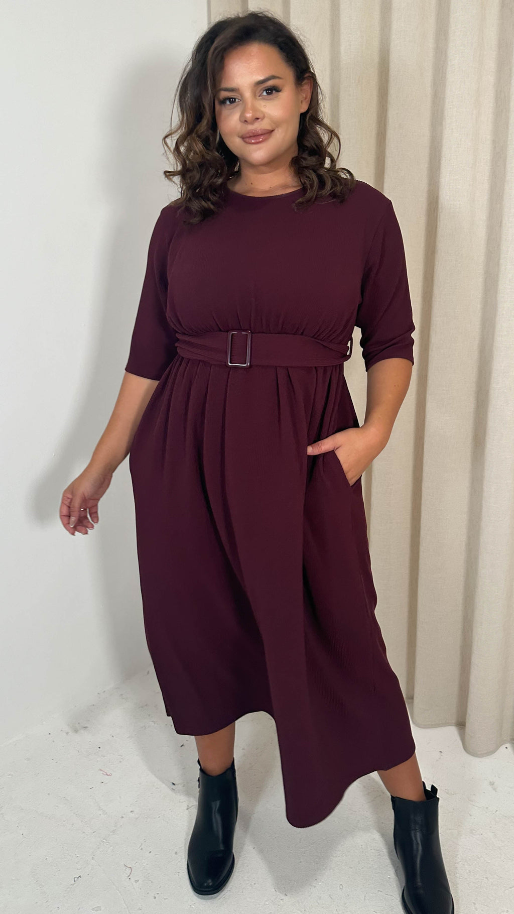 CurveWow Textured Elbow Sleeve Belted Pocket Midi Dress Wine