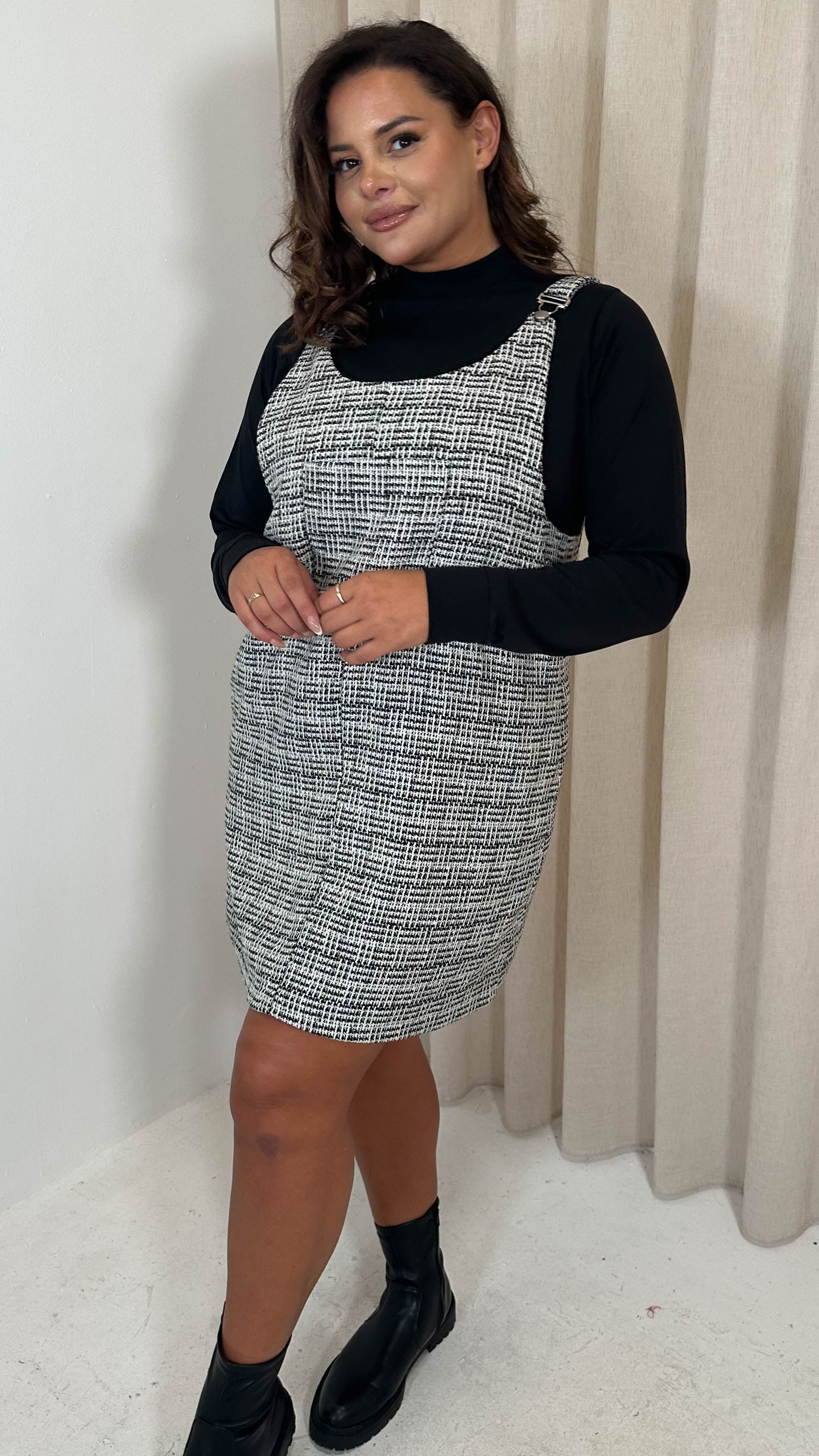 CurveWow Check Pinafore Dress Black & White