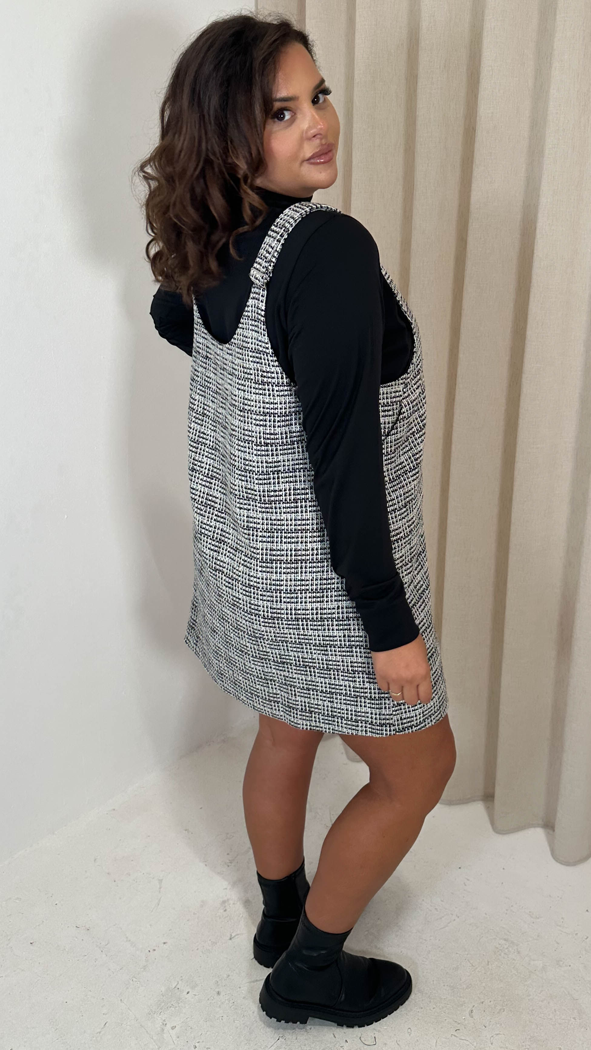CurveWow Check Pinafore Dress Black & White
