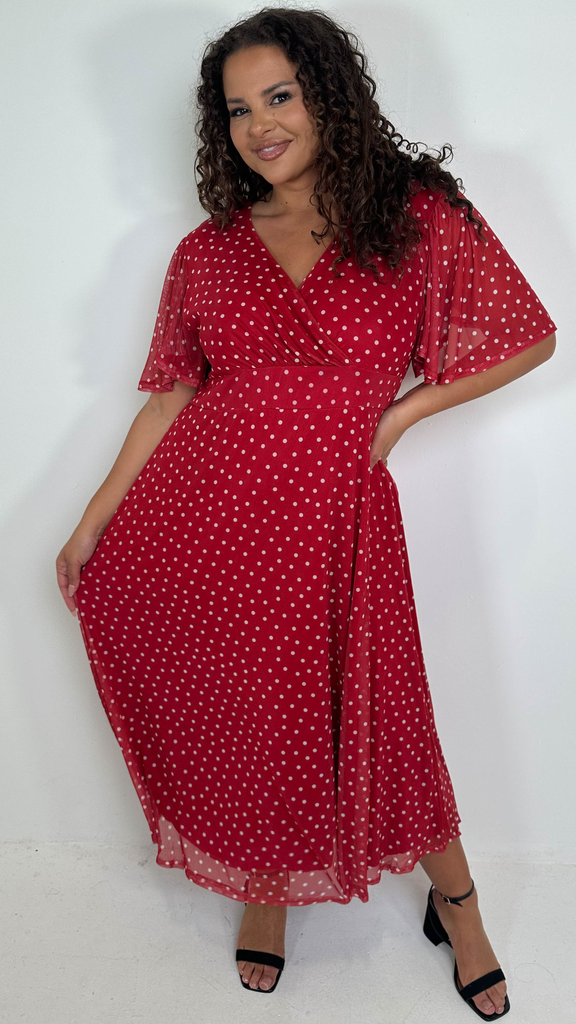 CurveWow Mesh Angel Sleeve Dress Red Spot