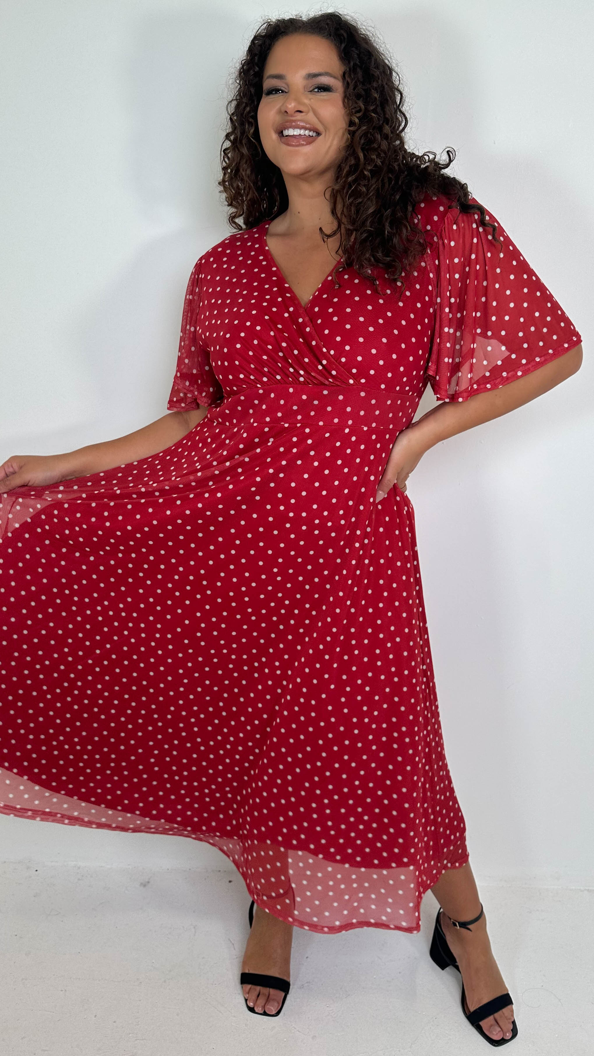 CurveWow Mesh Angel Sleeve Dress Red Spot