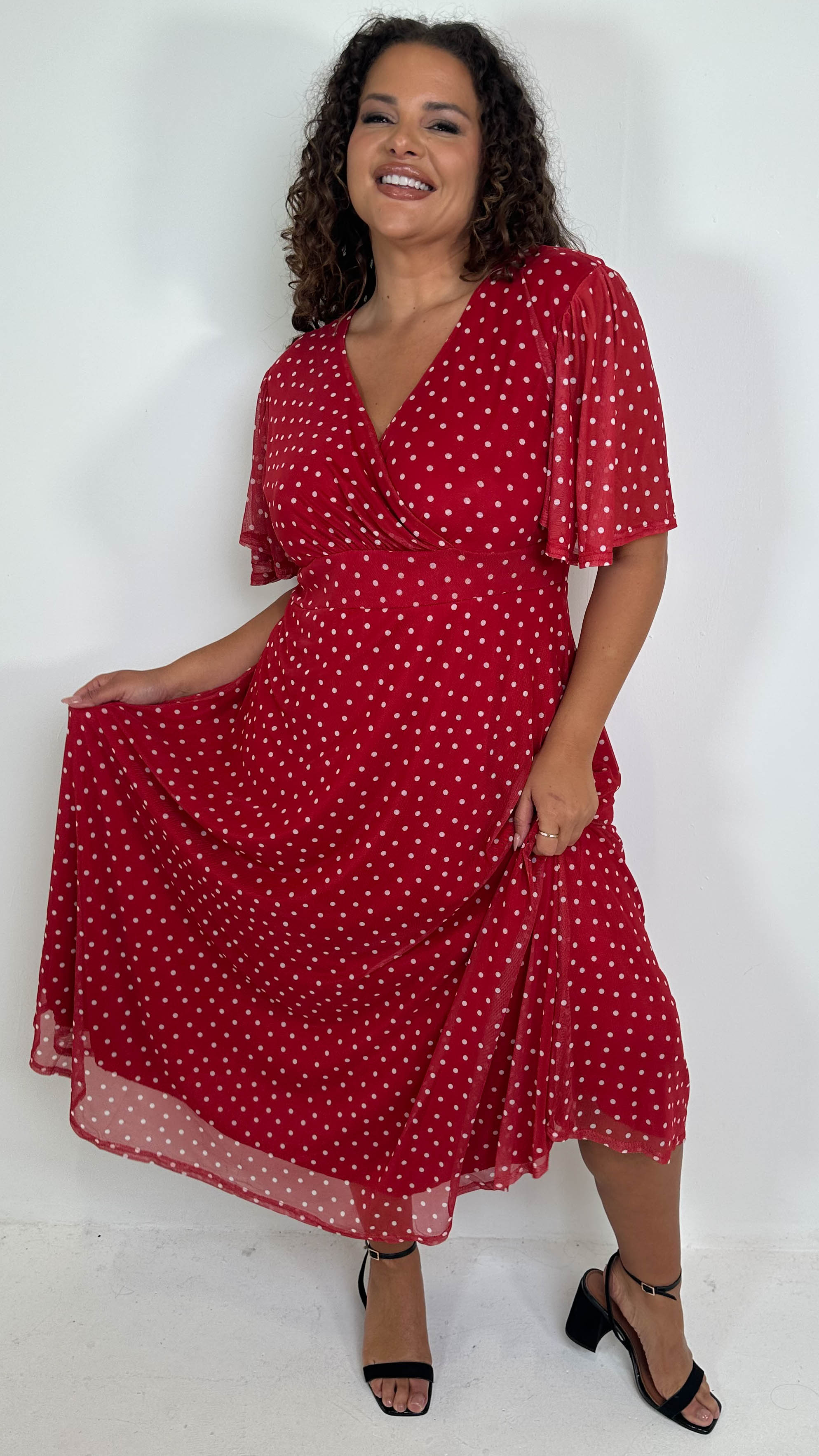 CurveWow Mesh Angel Sleeve Dress Red Spot