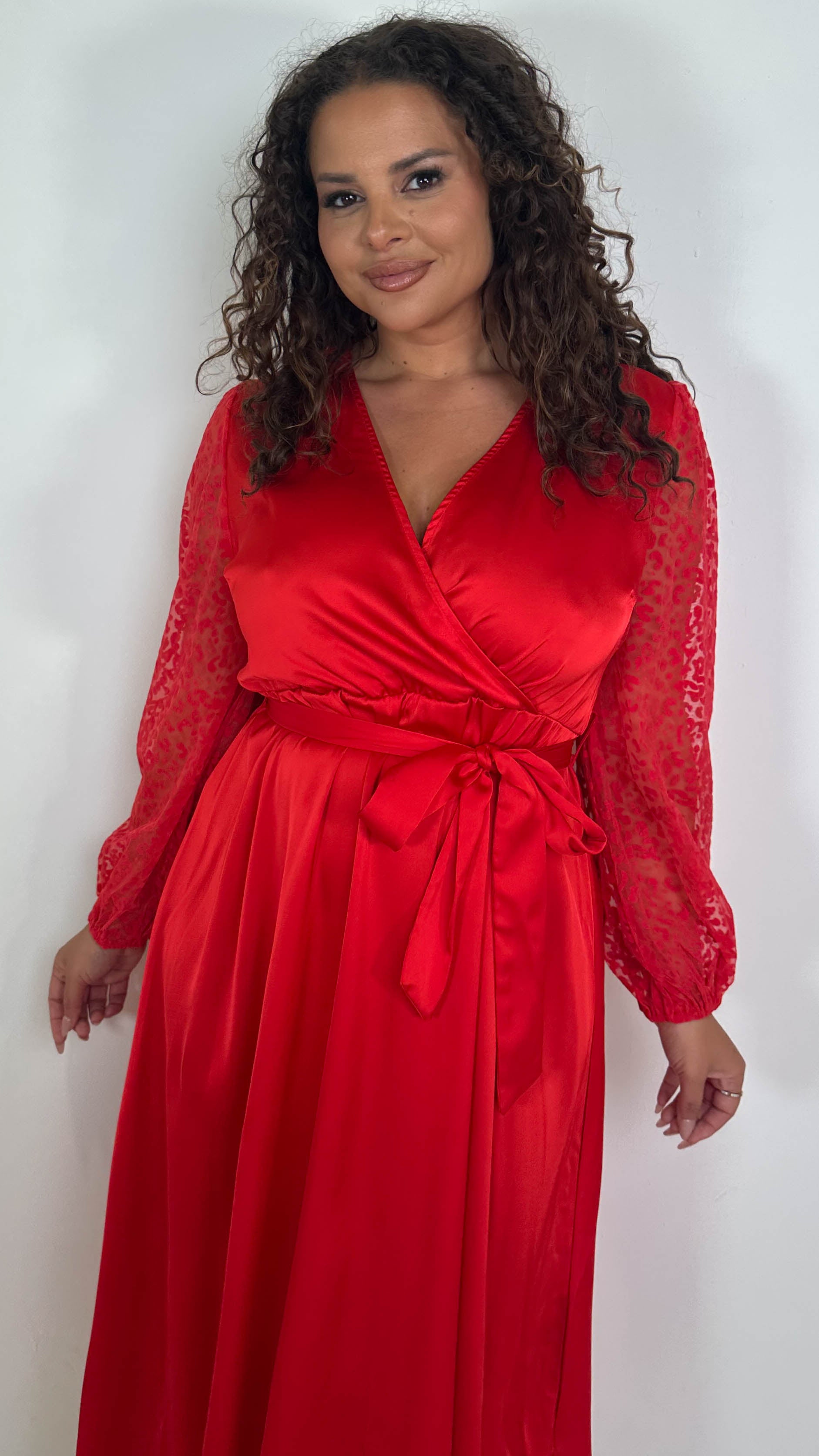 CurveWow Mesh Detail Wrap Midaxi Dress Red
