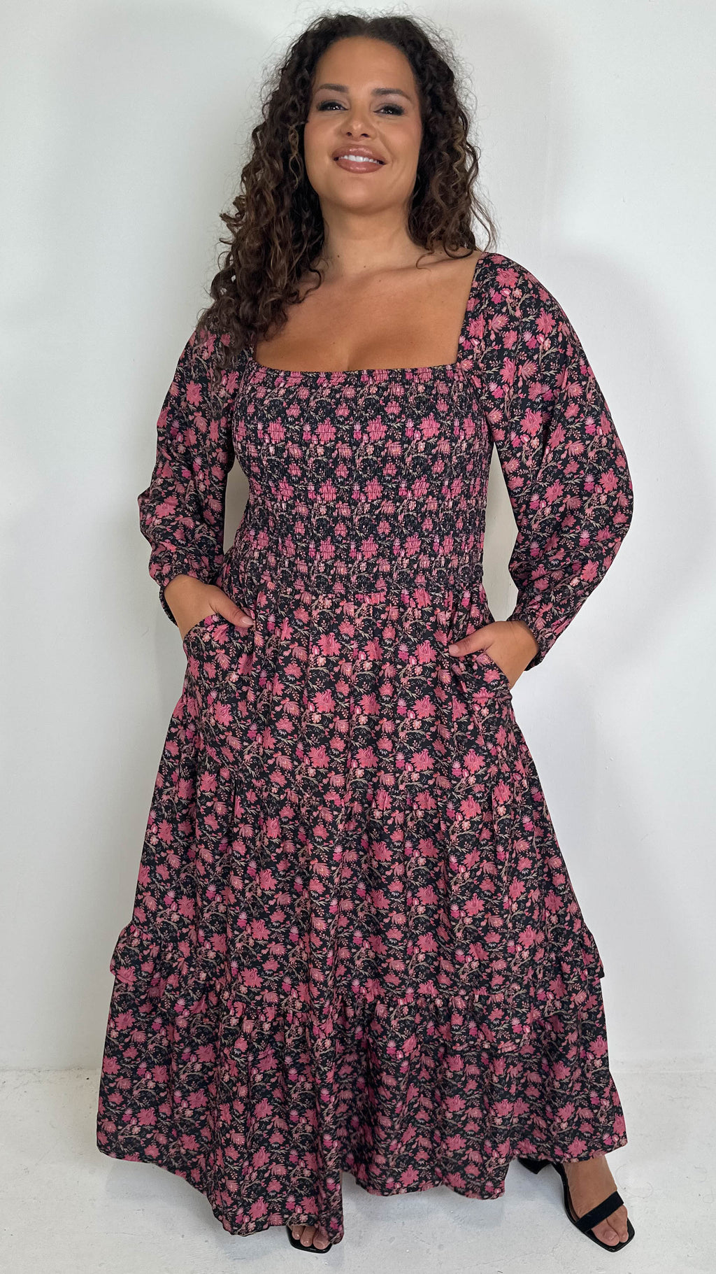 CurveWow Shirred Top Maxi Dress Red Floral