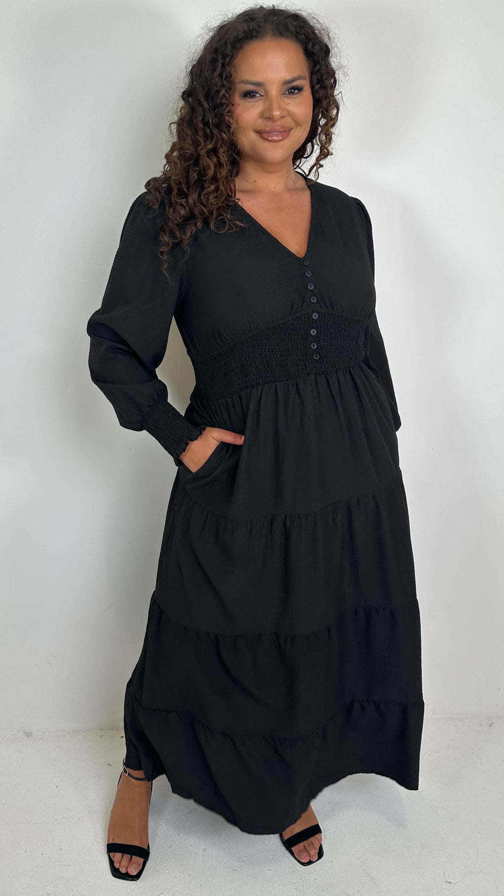 CurveWow Textured Button Front Shirred Waist Maxi Dress Black