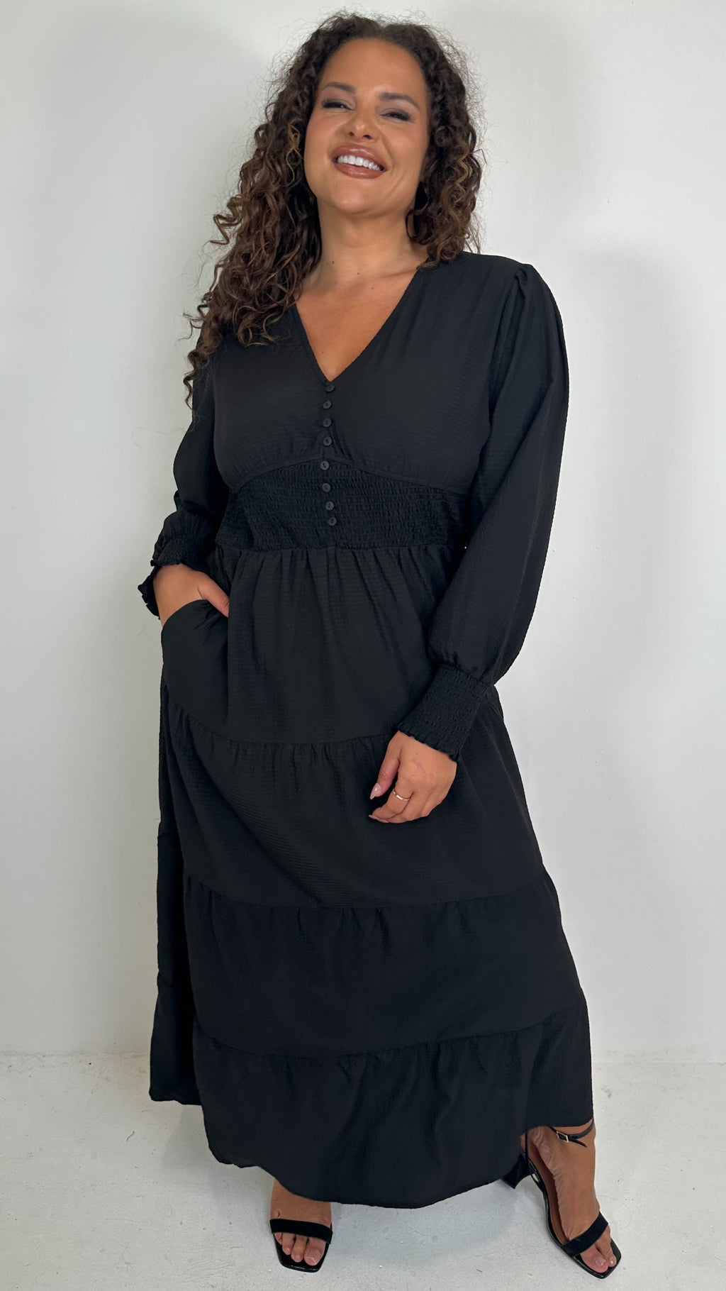 CurveWow Textured Button Front Shirred Waist Maxi Dress Black