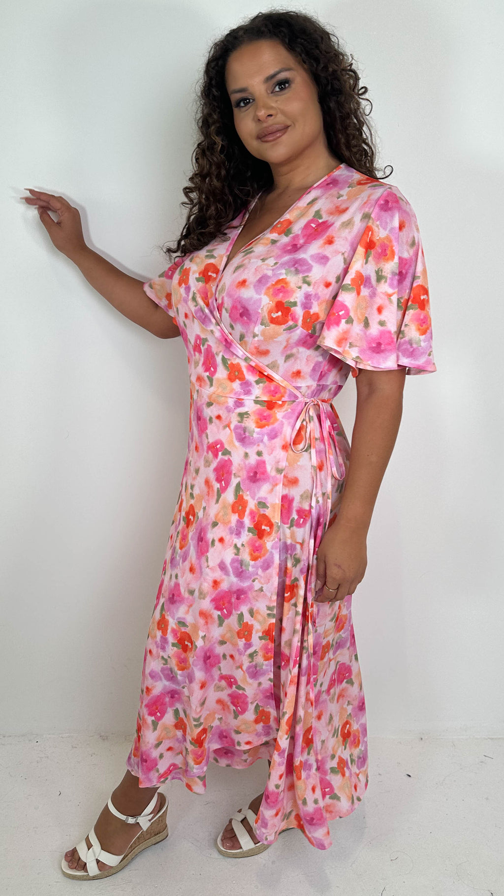 CurveWow Angel Sleeve Wrap Dress Pink Multi Floral