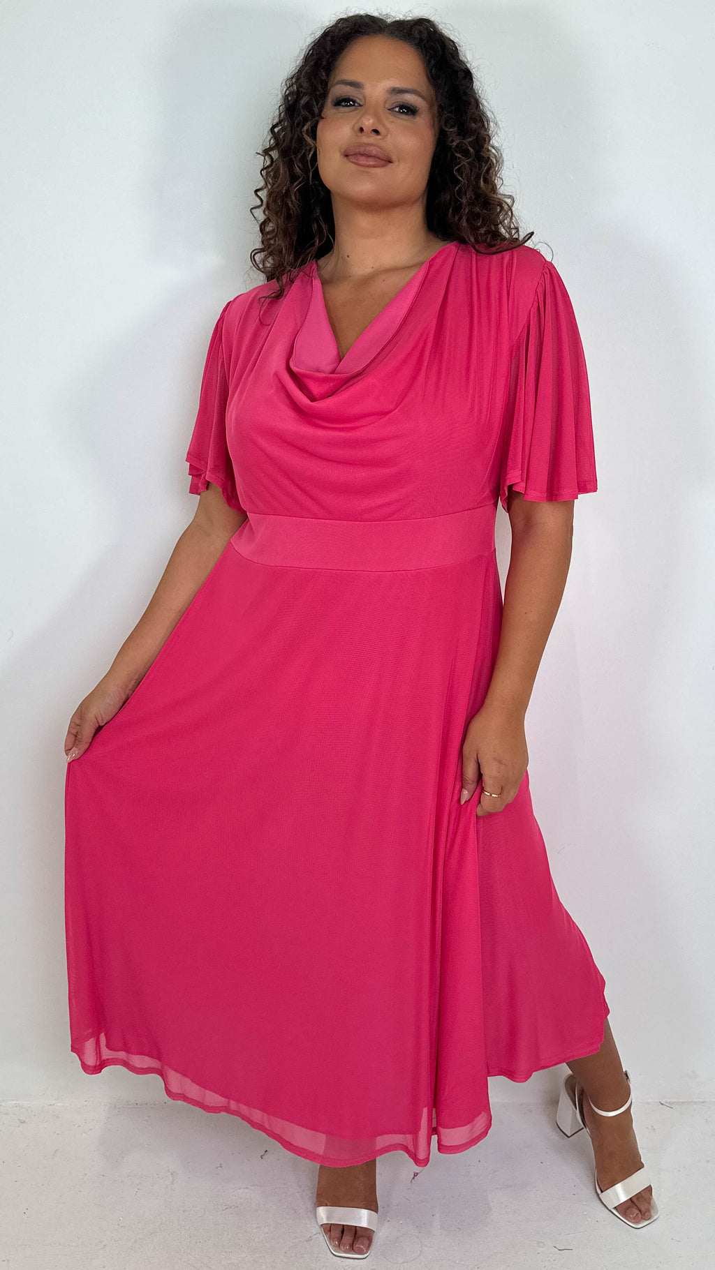 CurveWow Cowl Neck Mesh Angel Sleeve Dress Cerise