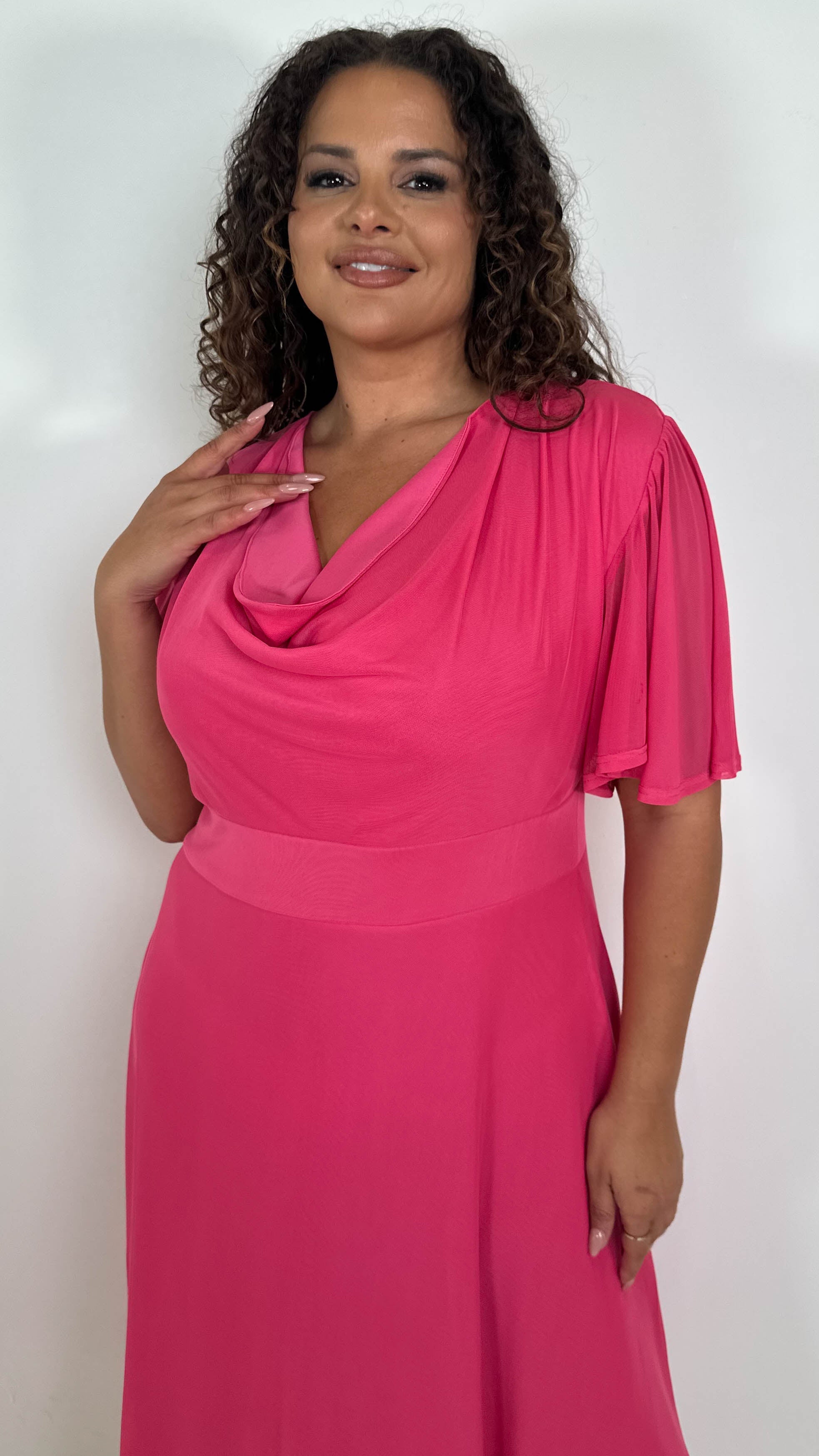 CurveWow Cowl Neck Mesh Angel Sleeve Dress Cerise
