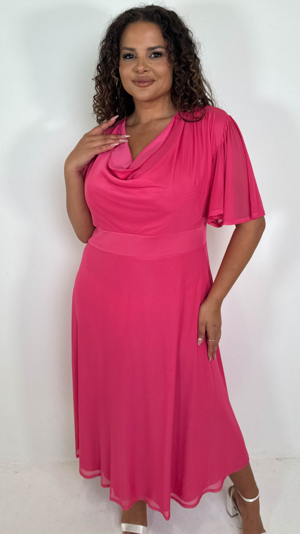 CurveWow Cowl Neck Mesh Angel Sleeve Dress Cerise