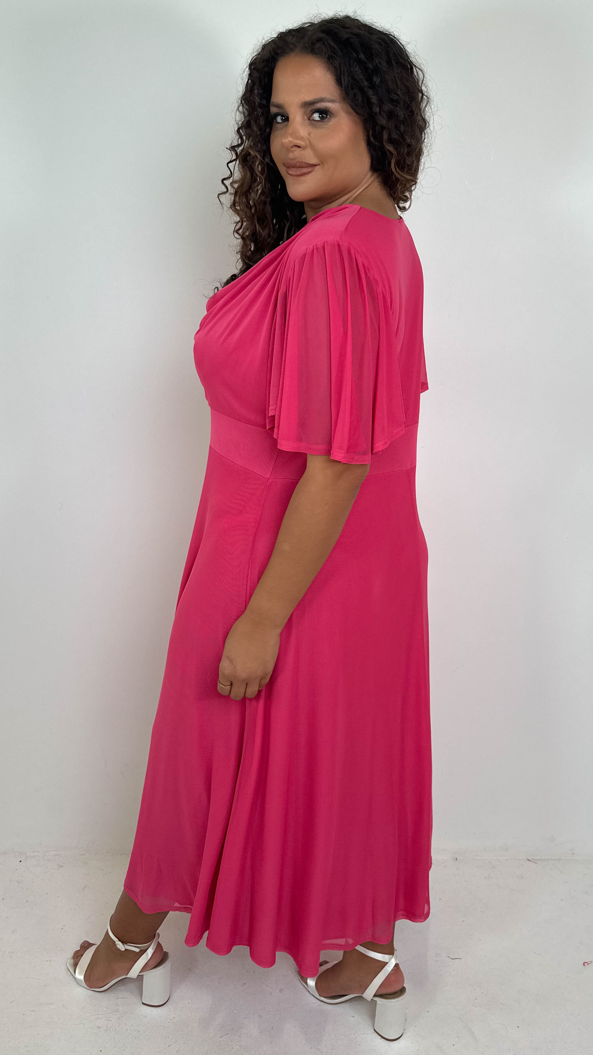CurveWow Cowl Neck Mesh Angel Sleeve Dress Cerise