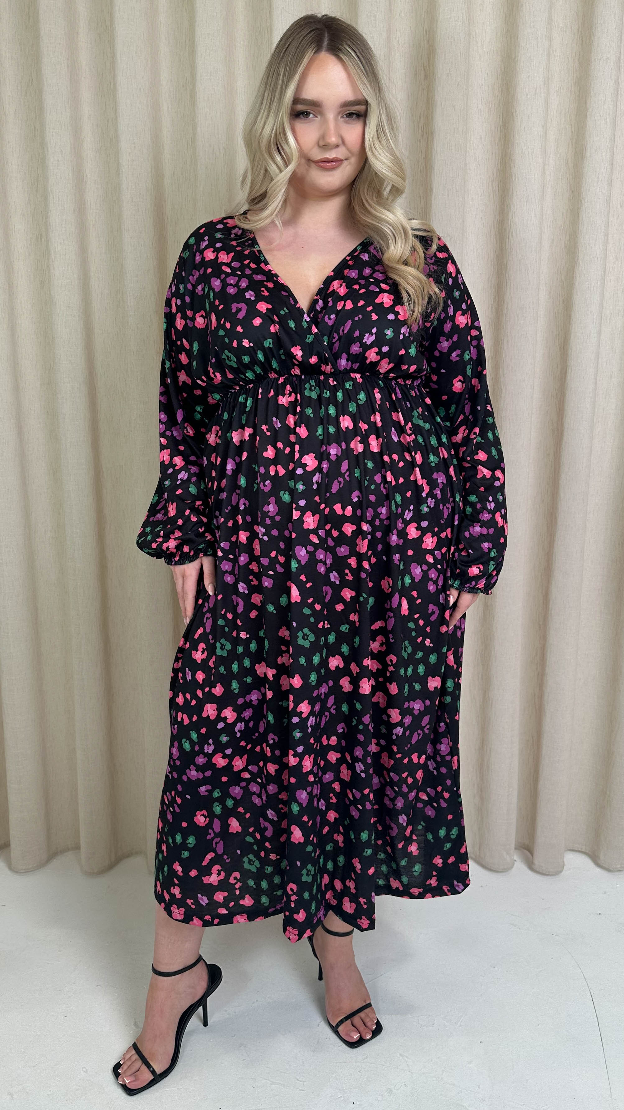 CurveWow Petite Wrap Balloon Sleeve Midaxi Dress Multi Animal