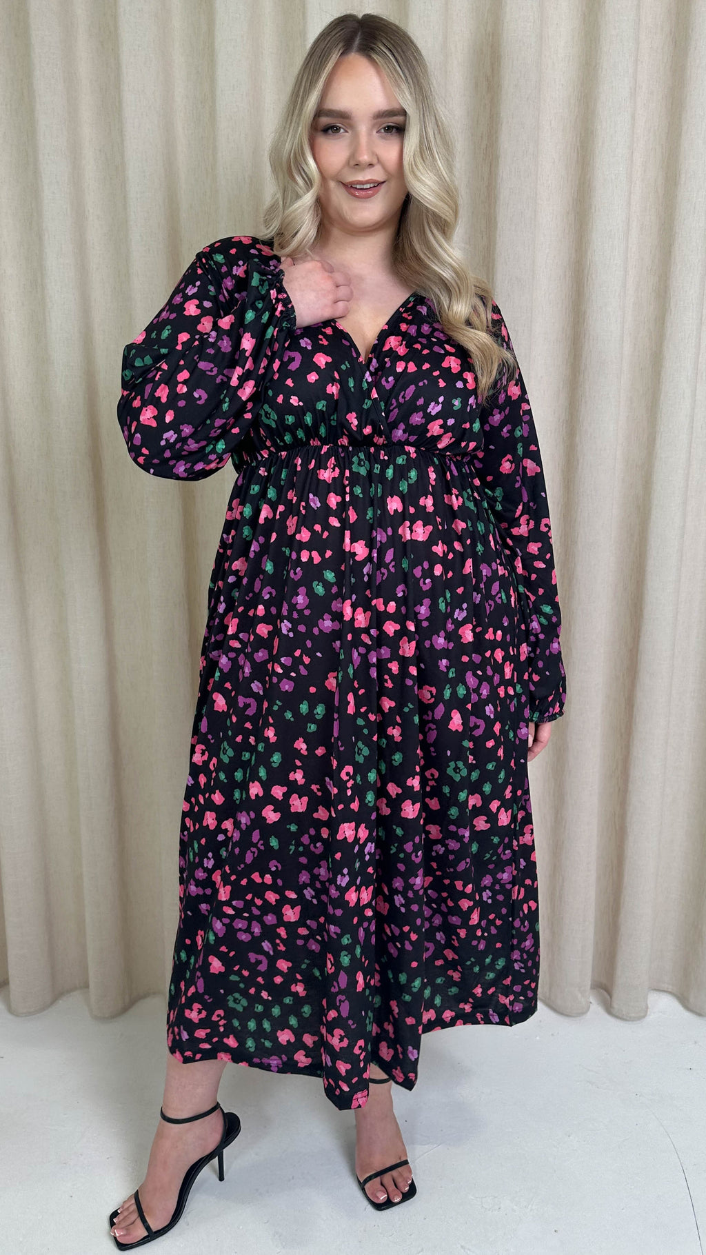 CurveWow Petite Wrap Balloon Sleeve Midaxi Dress Multi Animal