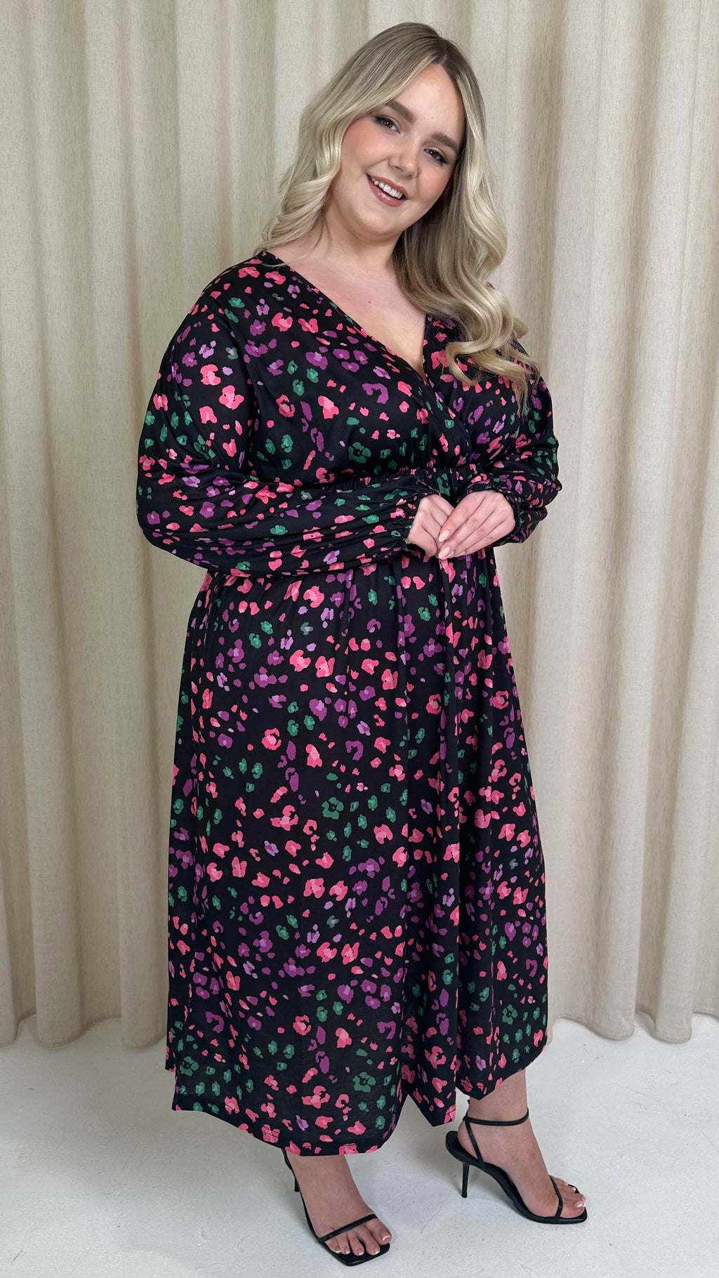 CurveWow Petite Wrap Balloon Sleeve Midaxi Dress Multi Animal