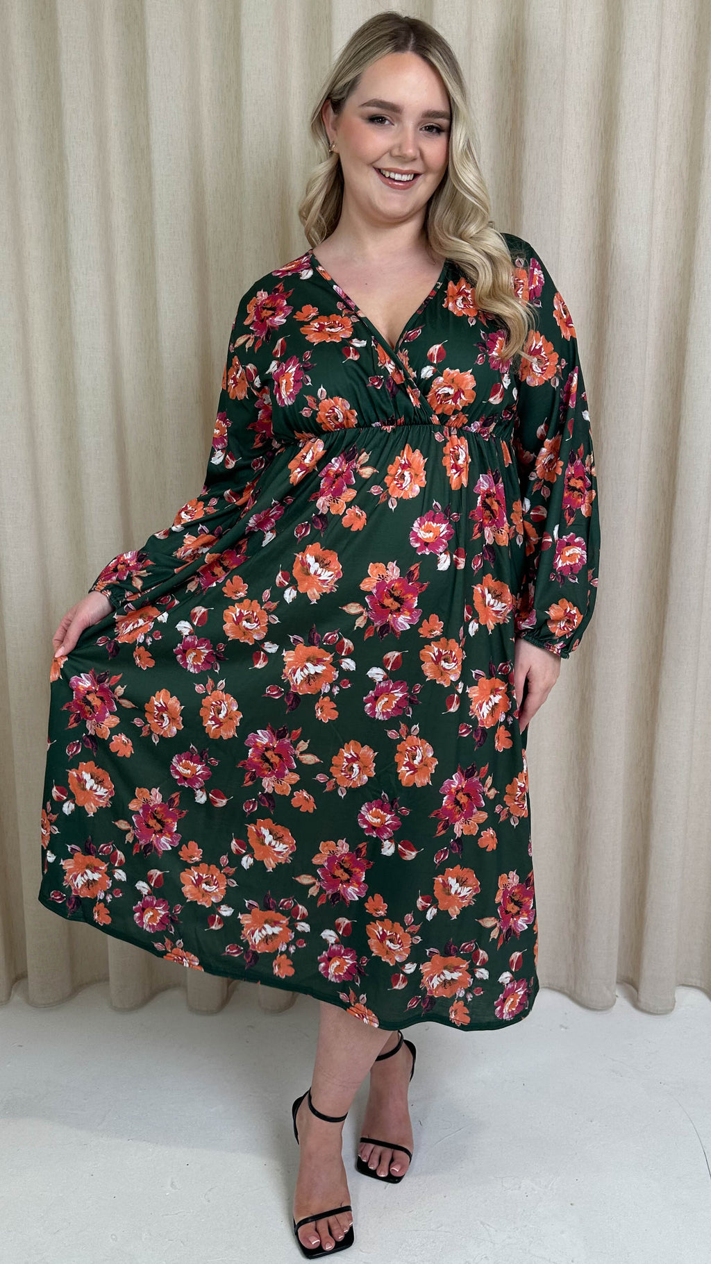 CurveWow Wrap Balloon Sleeve Midaxi Dress Green
