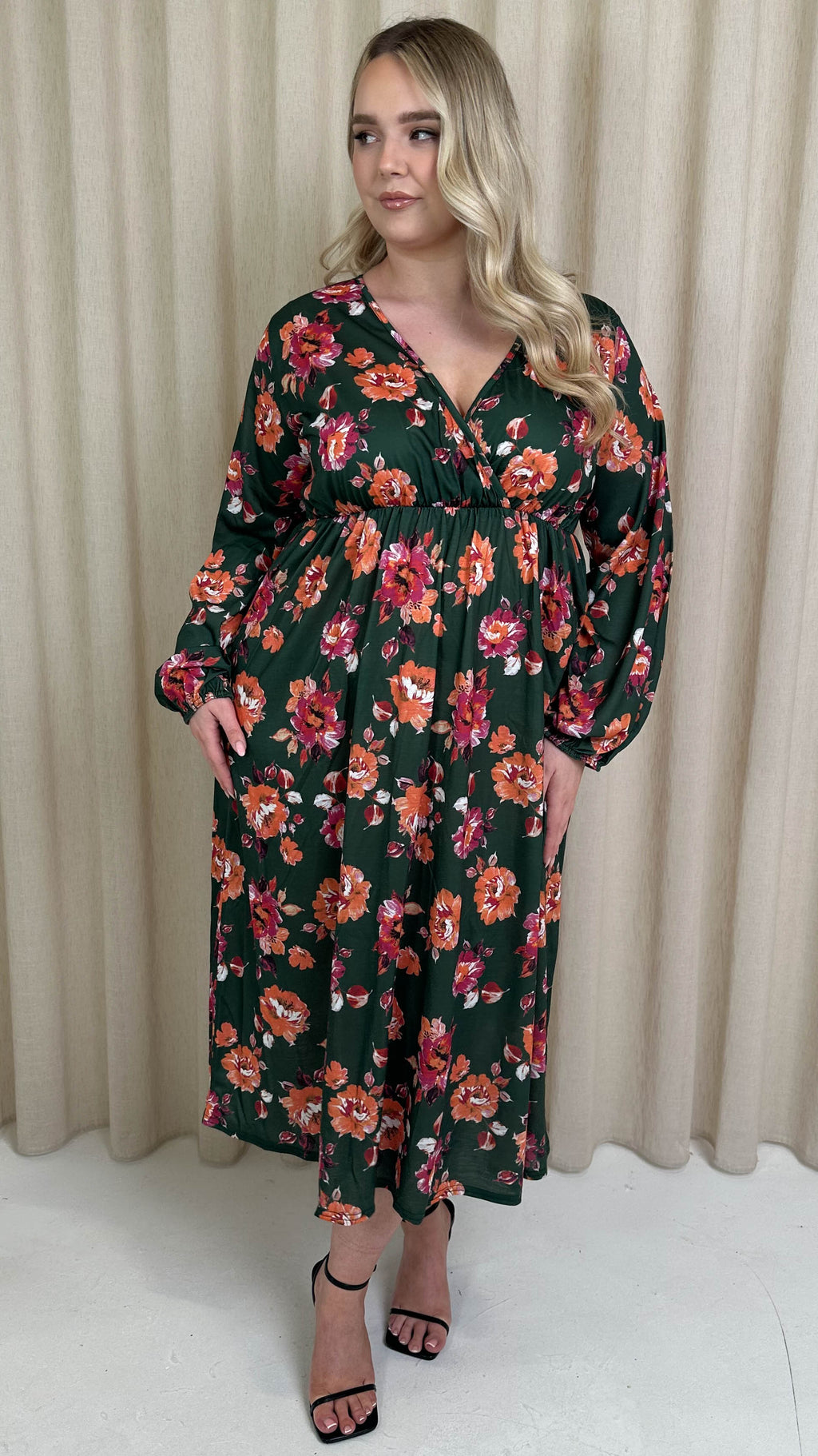 CurveWow Wrap Balloon Sleeve Midaxi Dress Green