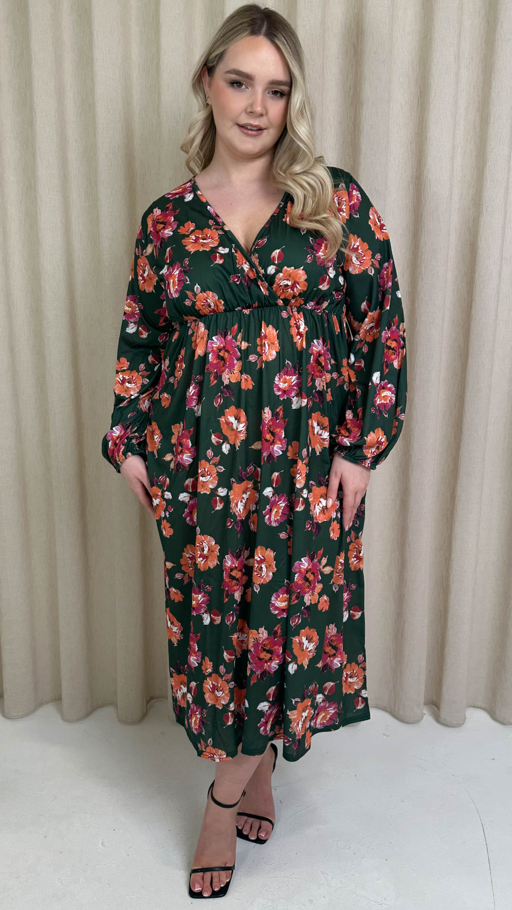 CurveWow Wrap Balloon Sleeve Midaxi Dress Green