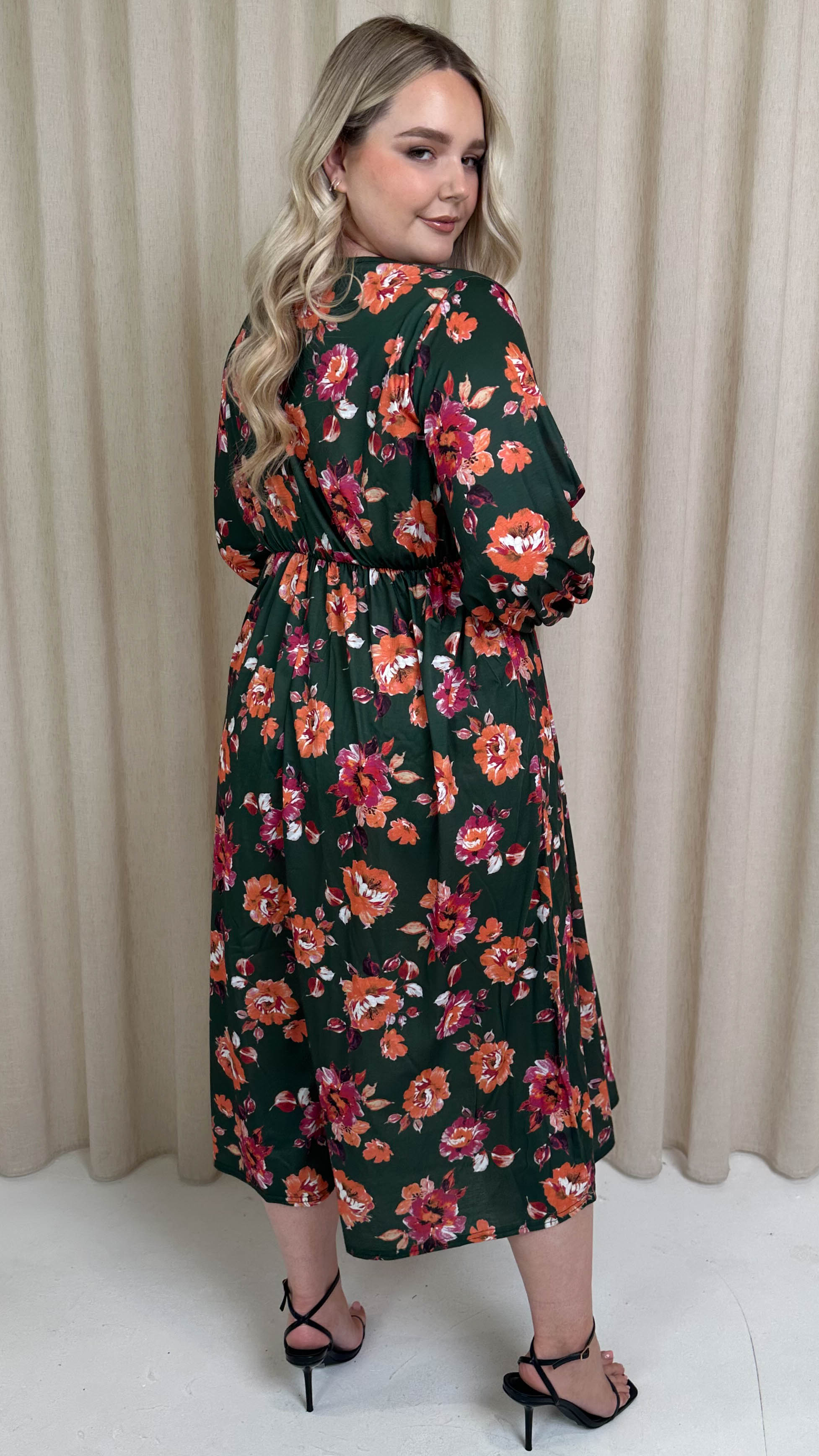 CurveWow Wrap Balloon Sleeve Midaxi Dress Green