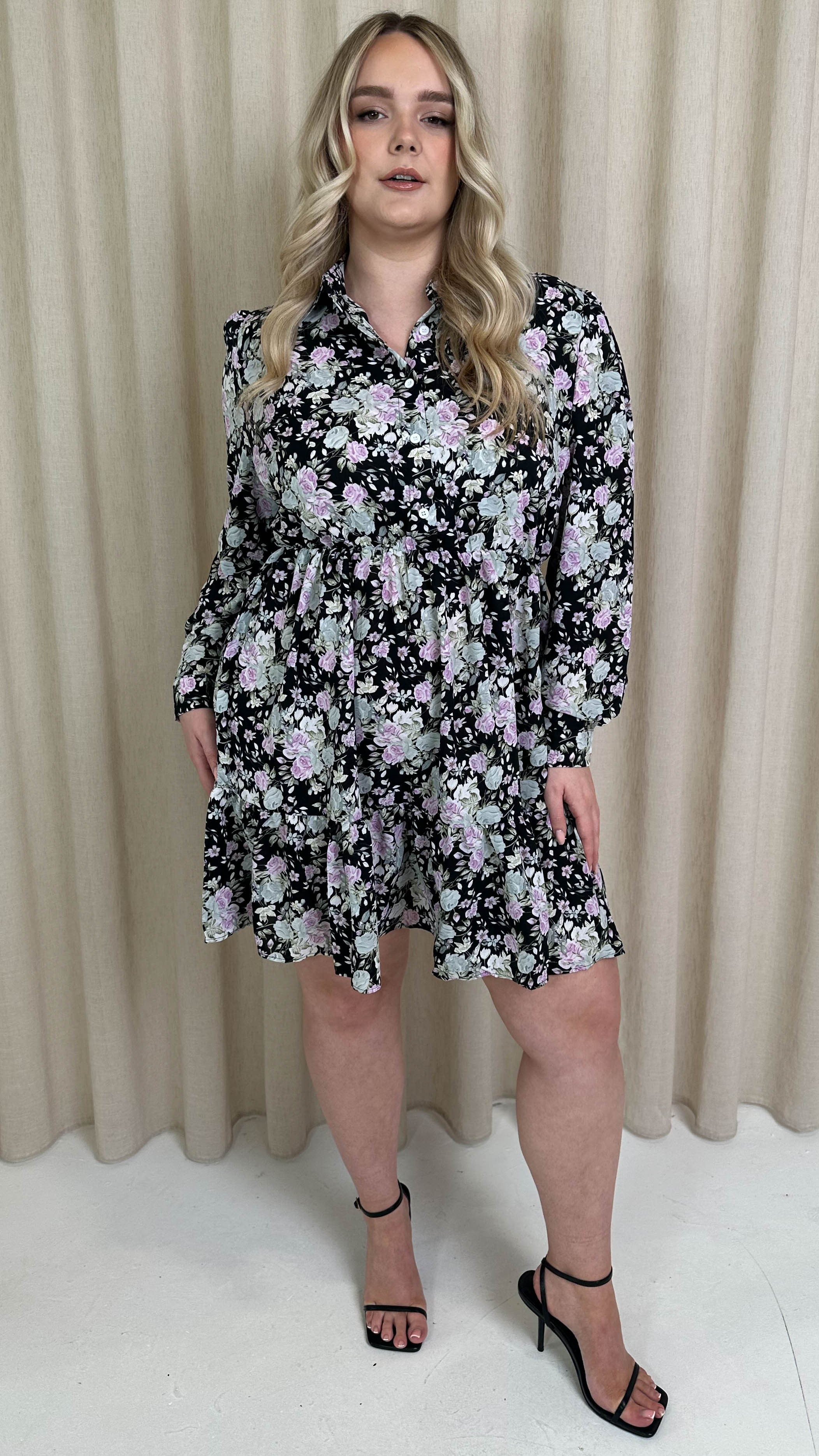 CurveWow Long Sleeve Button Front Frill Dress Black Floral