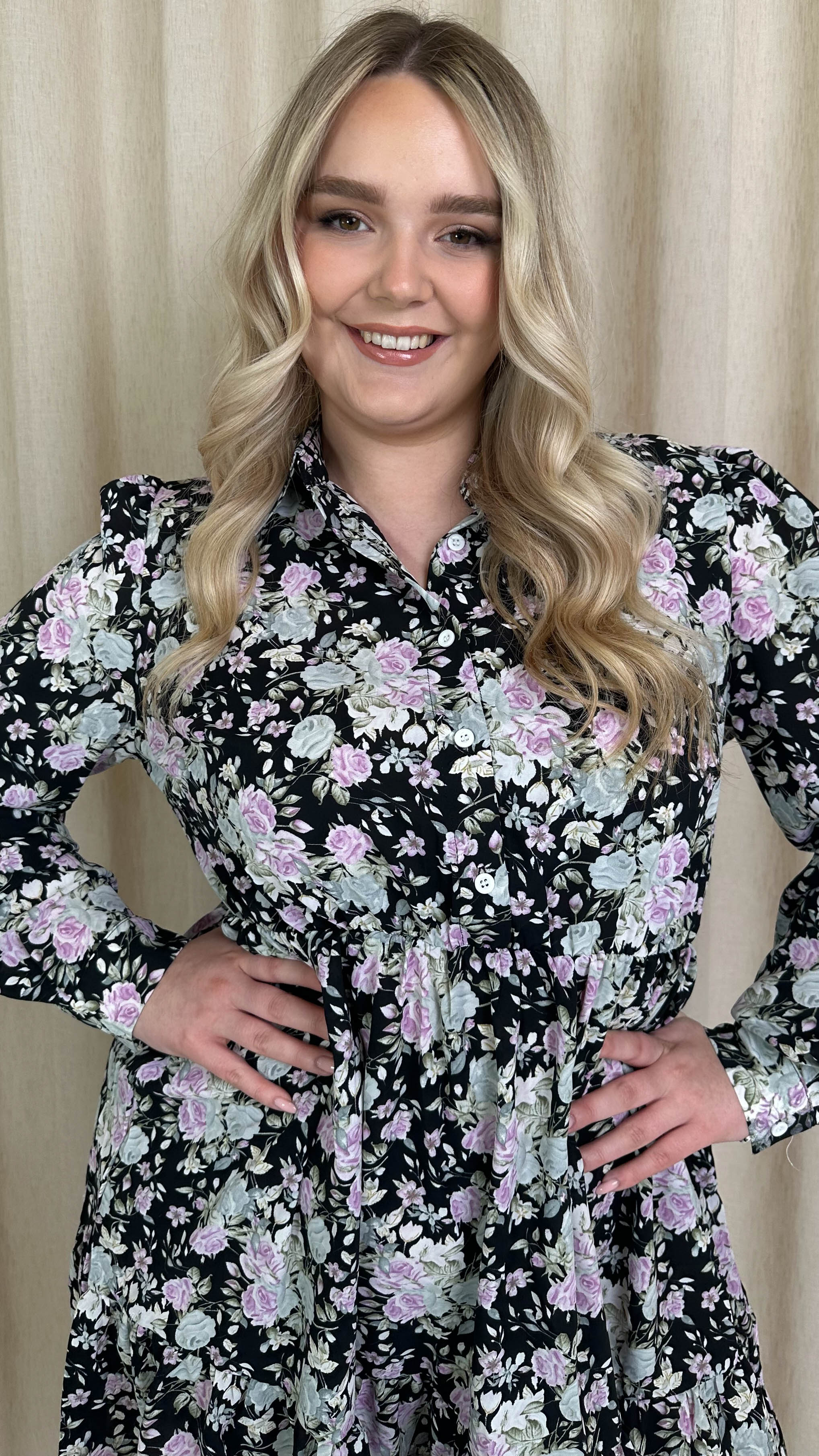 CurveWow Long Sleeve Button Front Frill Dress Black Floral