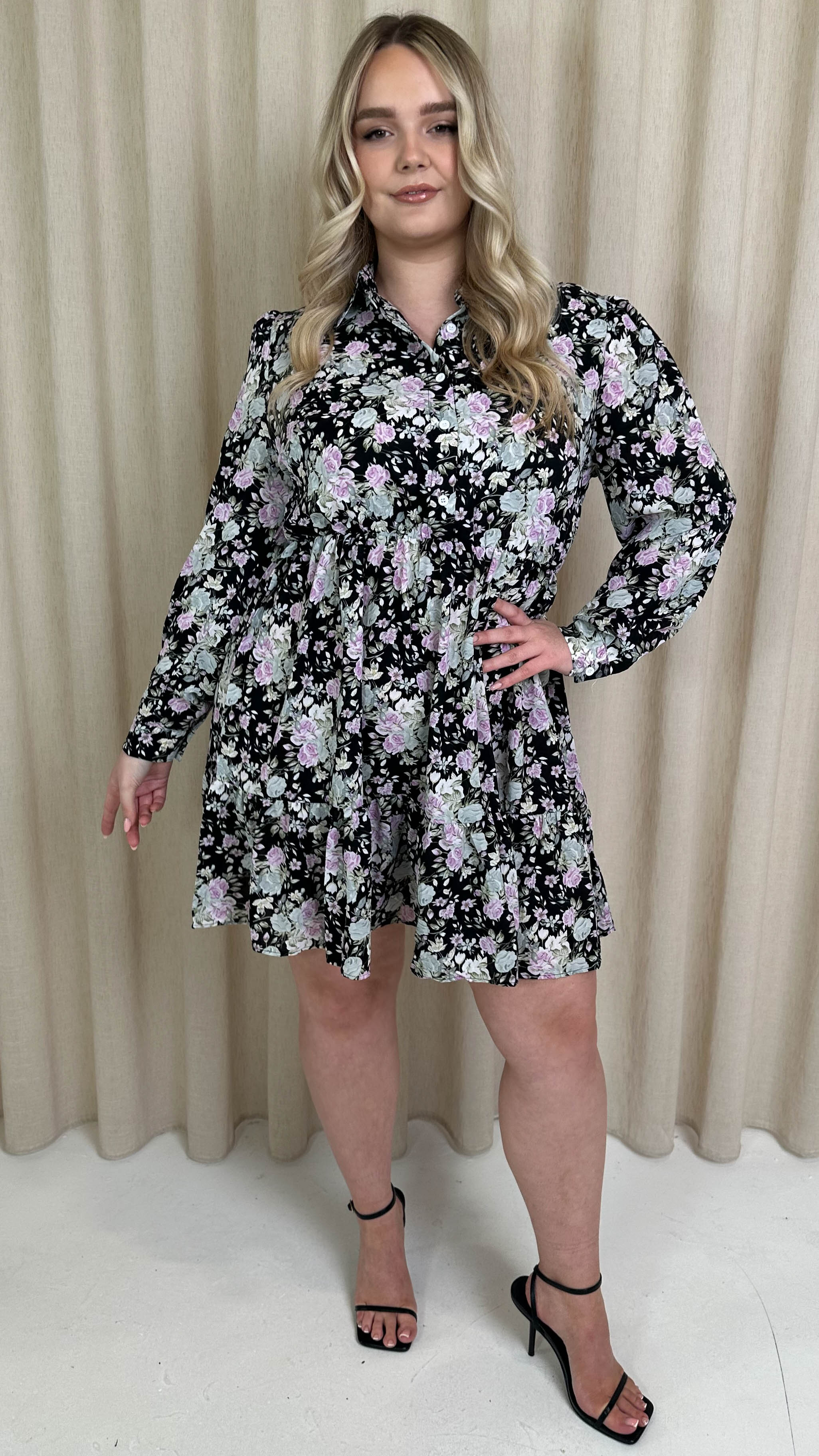 CurveWow Long Sleeve Button Front Frill Dress Black Floral