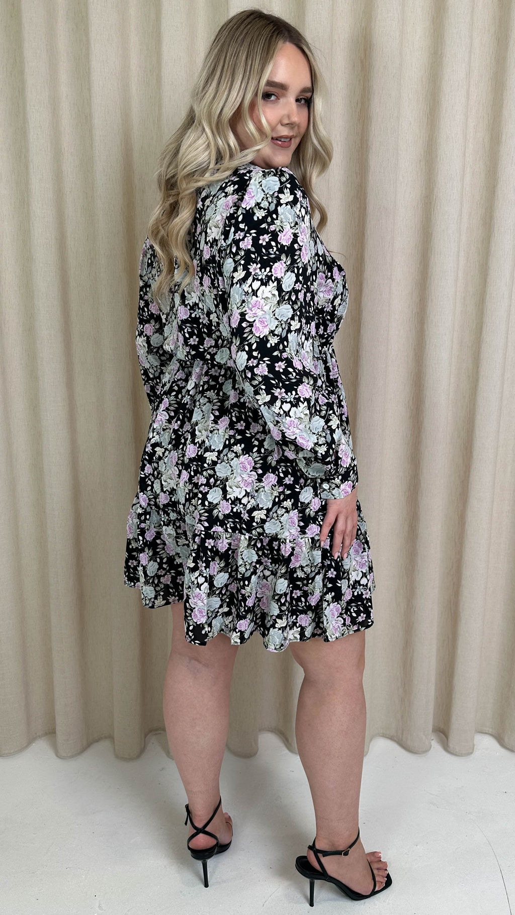CurveWow Long Sleeve Button Front Frill Dress Black Floral