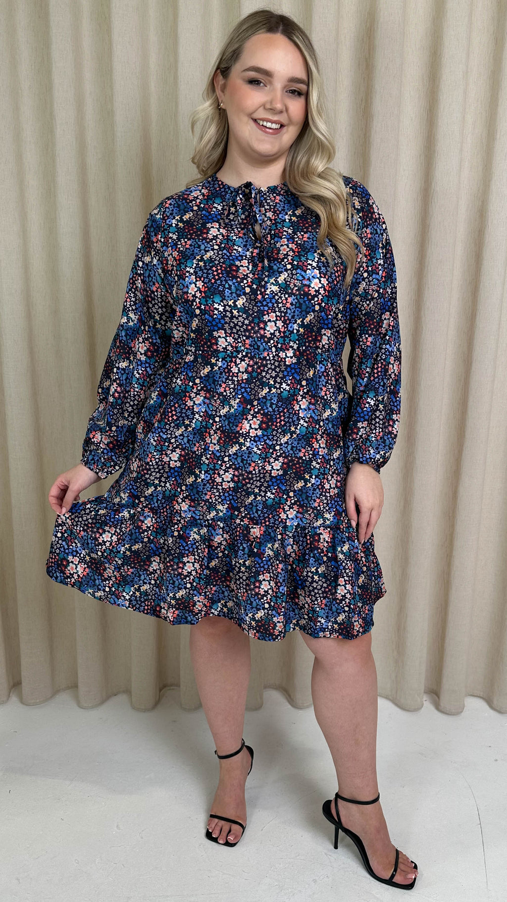CurveWow Tie Neck Tiered Mini Dress Multi Floral