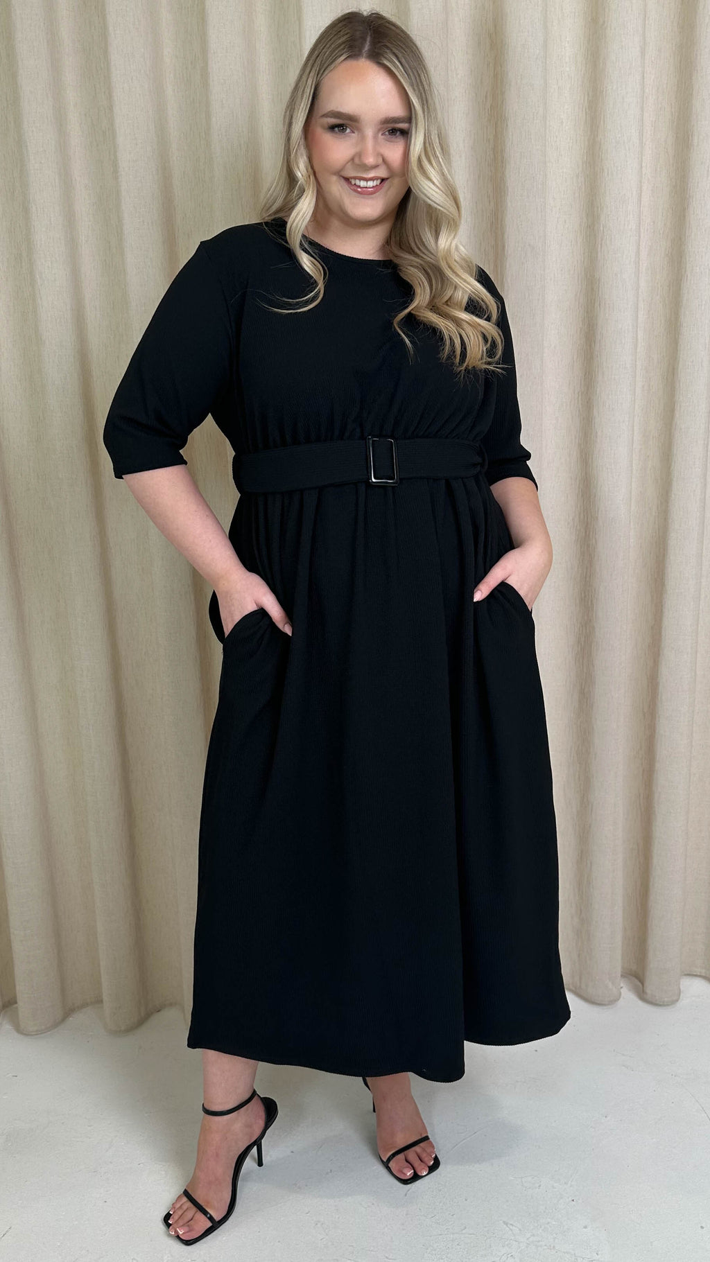 CurveWow Textured Belted Pocket Midi Dress Black