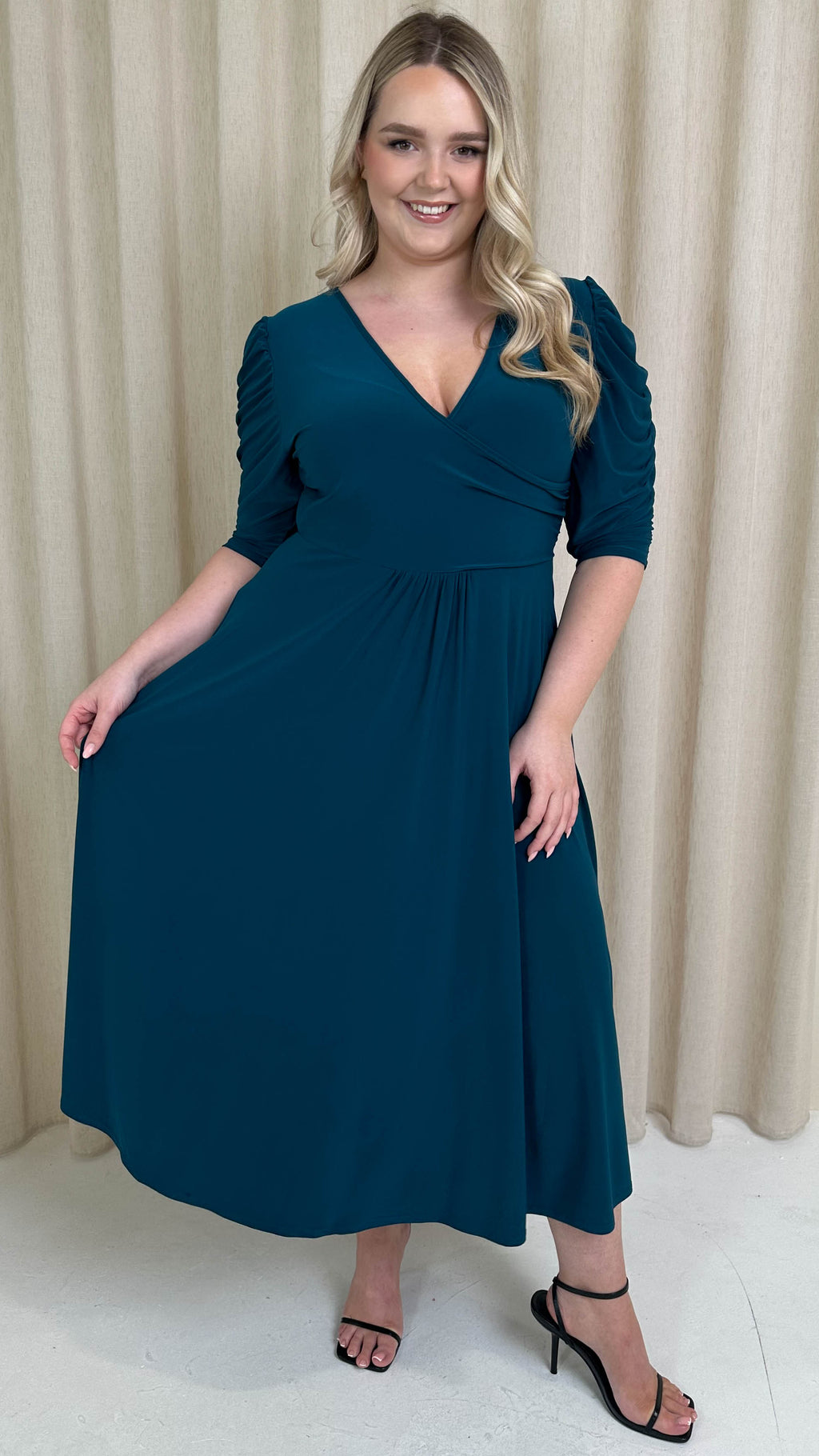 CurveWow 3/4 Balloon Sleeve Wrap Midi Dress Petrol