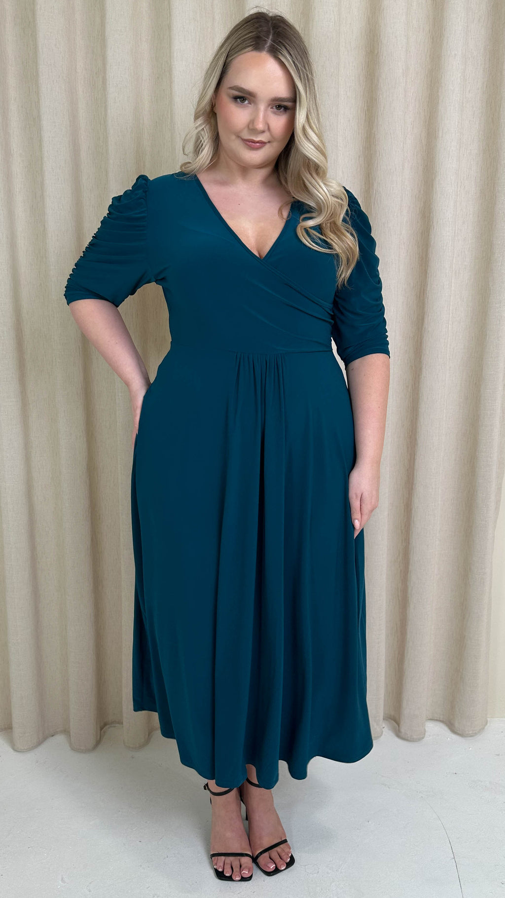 CurveWow 3/4 Balloon Sleeve Wrap Midi Dress Petrol