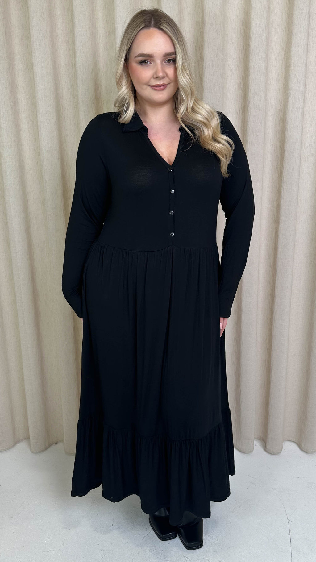 CurveWow Collared Button Smock Dress Black