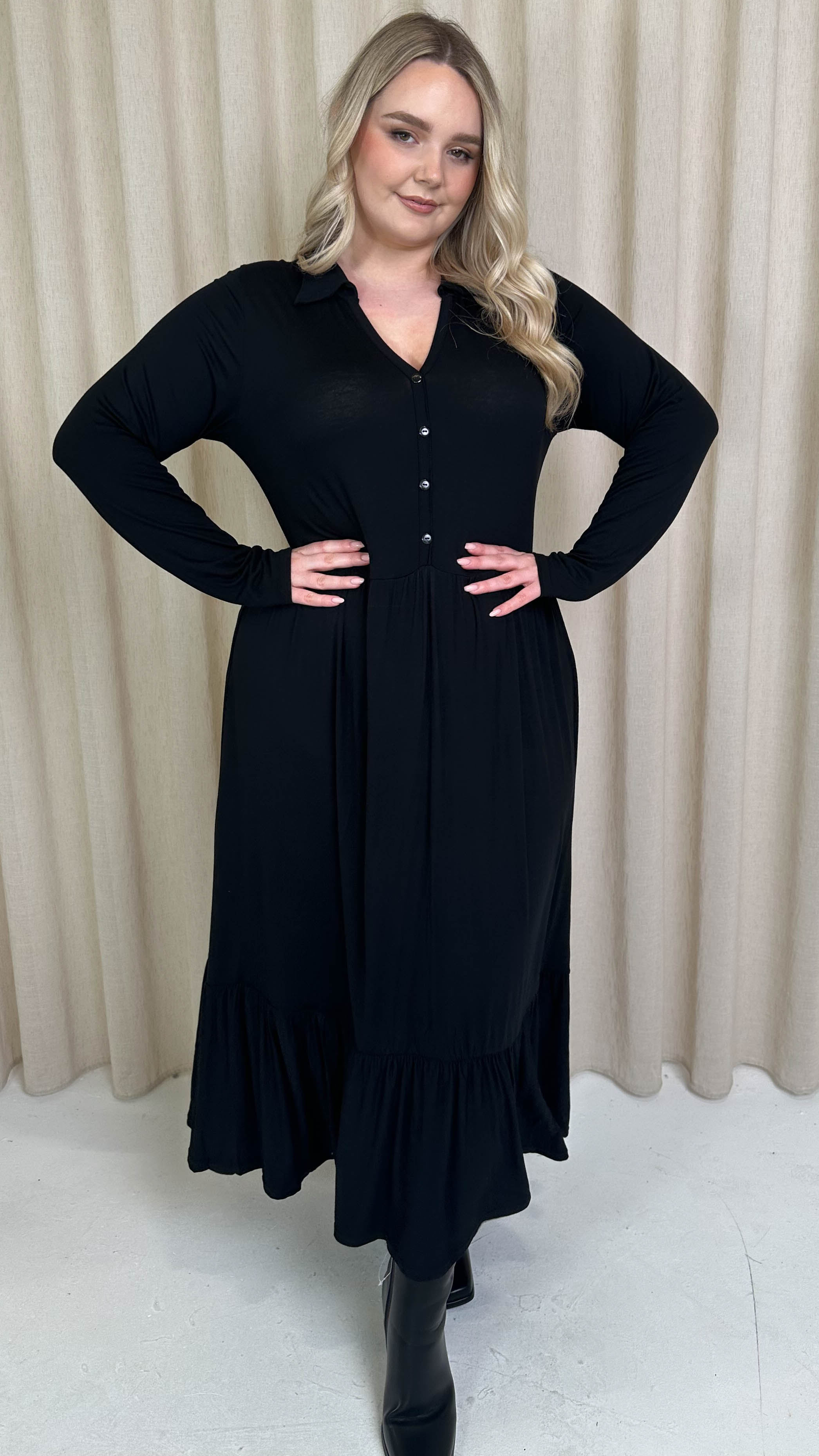 CurveWow Collared Button Smock Dress Black