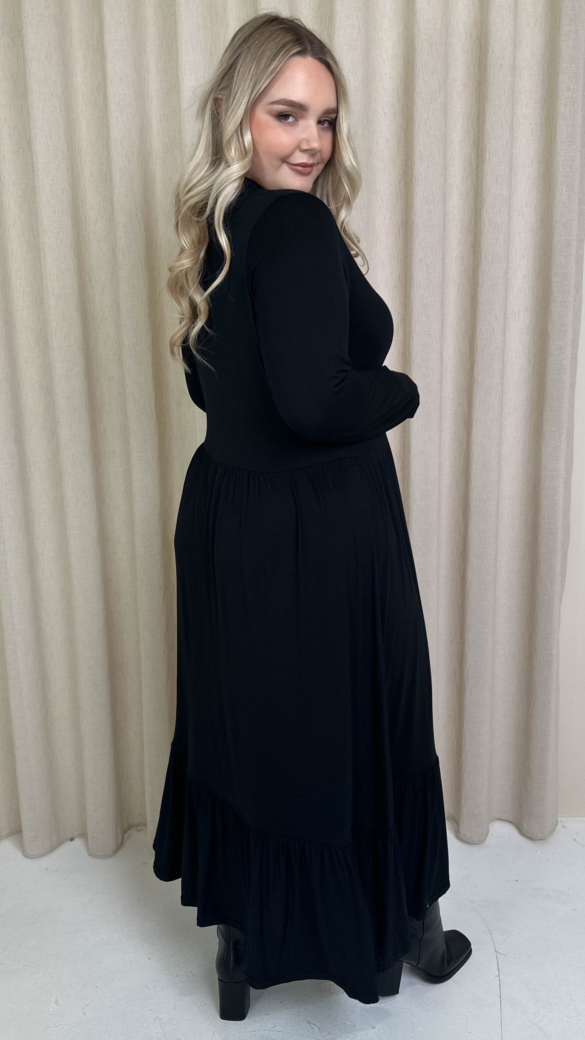 CurveWow Collared Button Smock Dress Black