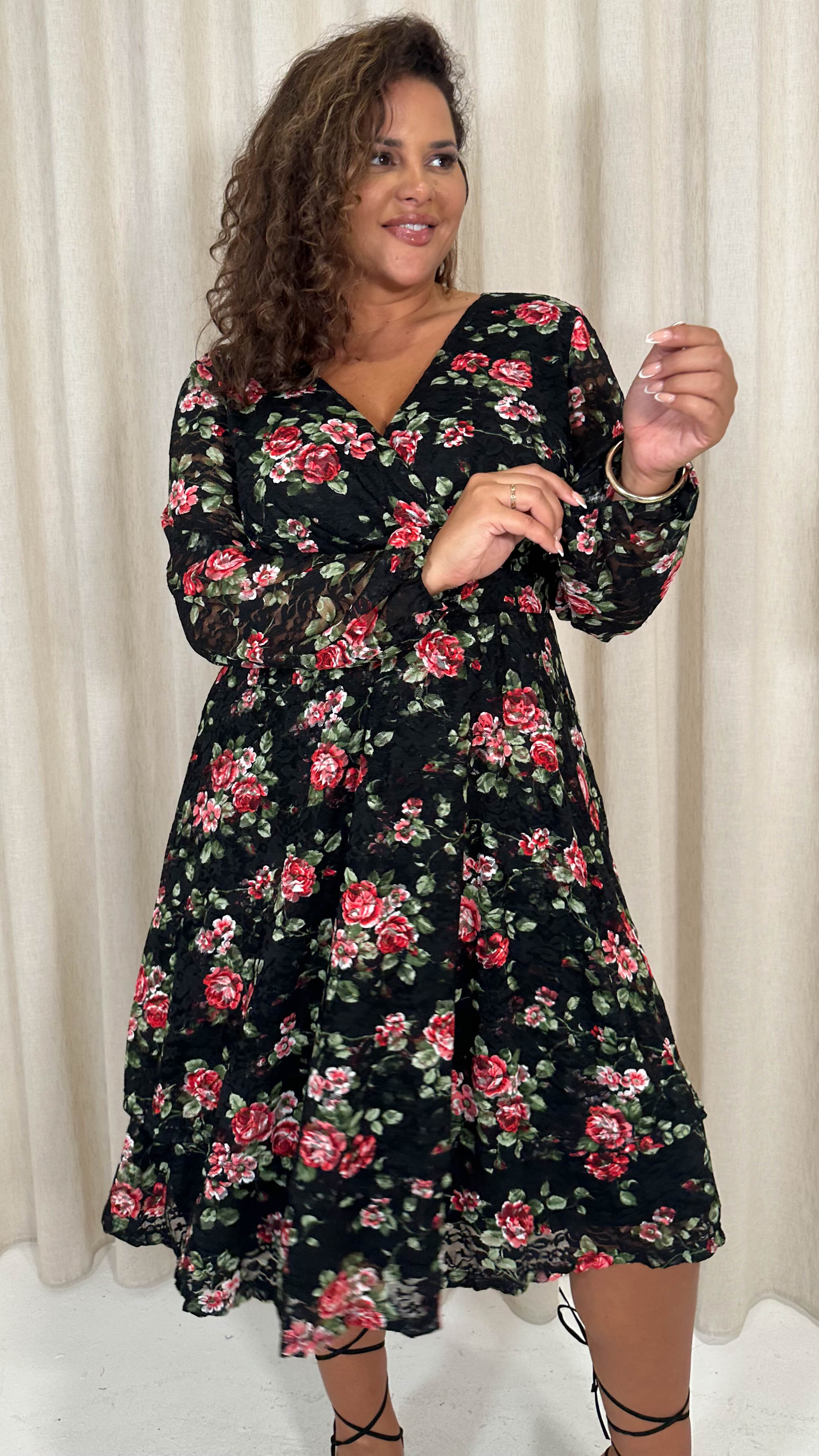 CurveWow Lace Plunge Ruffle Skater Dress Black Floral