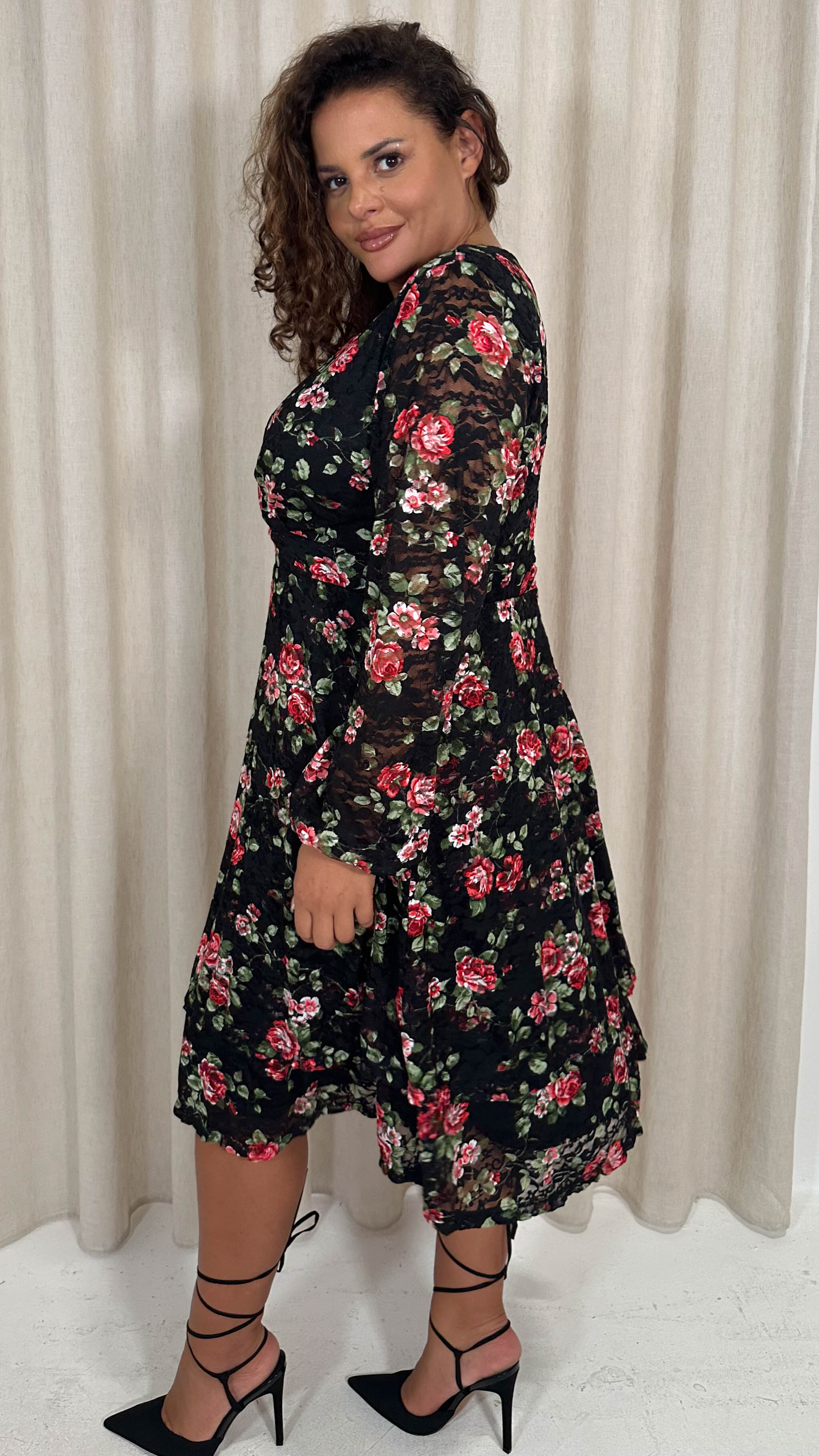CurveWow Lace Plunge Ruffle Skater Dress Black Floral