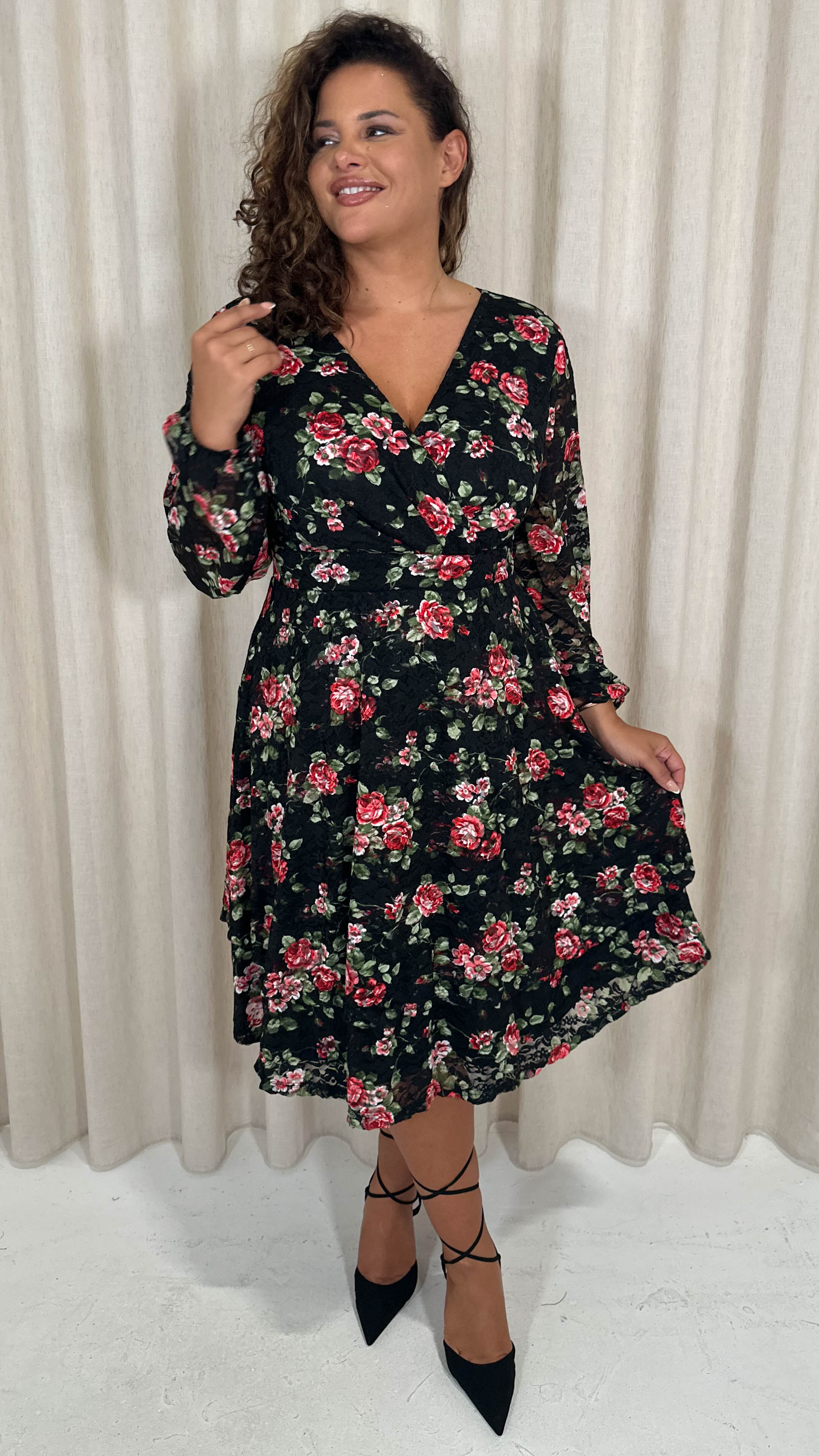 CurveWow Lace Plunge Ruffle Skater Dress Black Floral