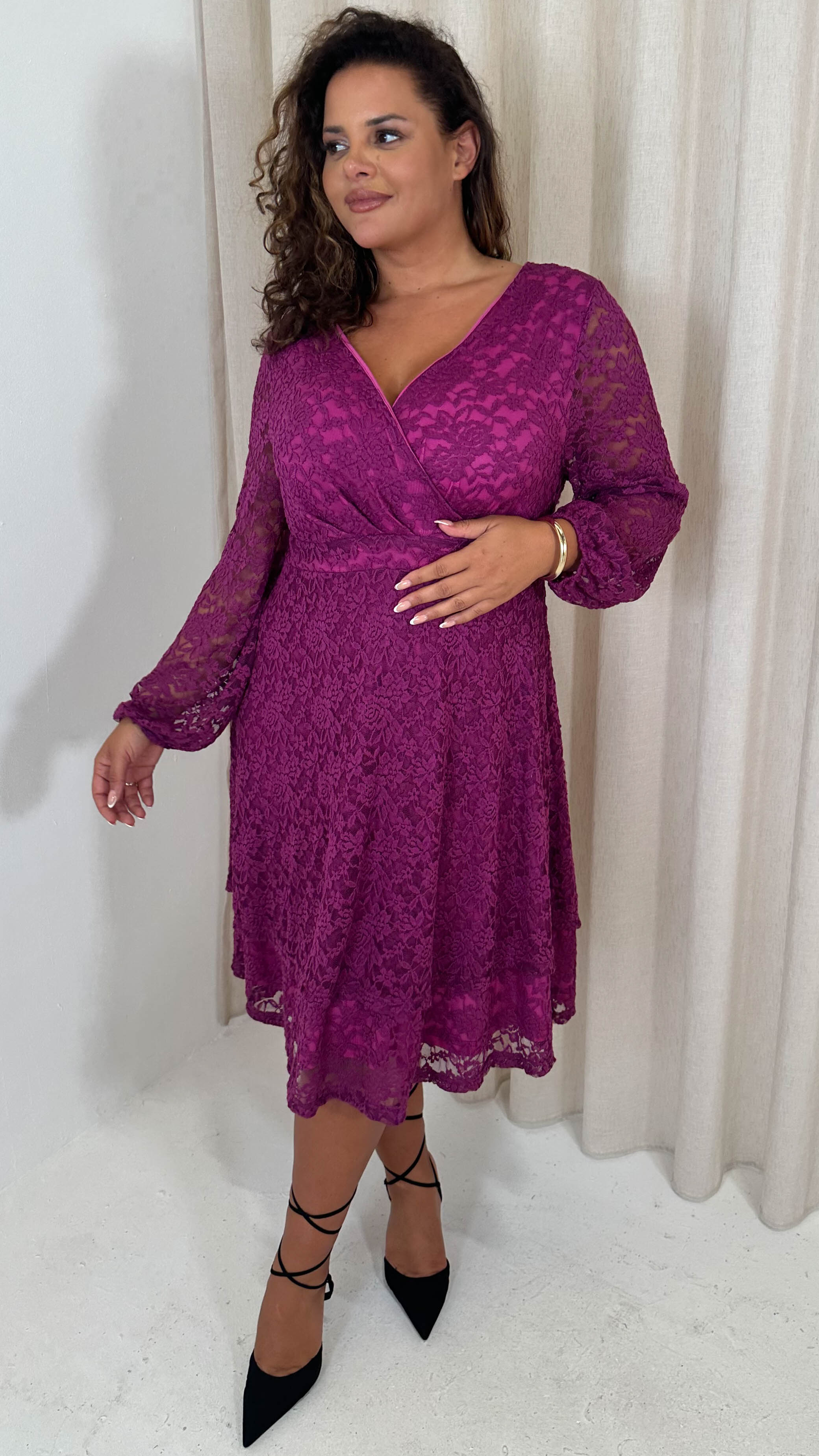 CurveWow Lace Plunge Ruffle Skater Dress Magenta
