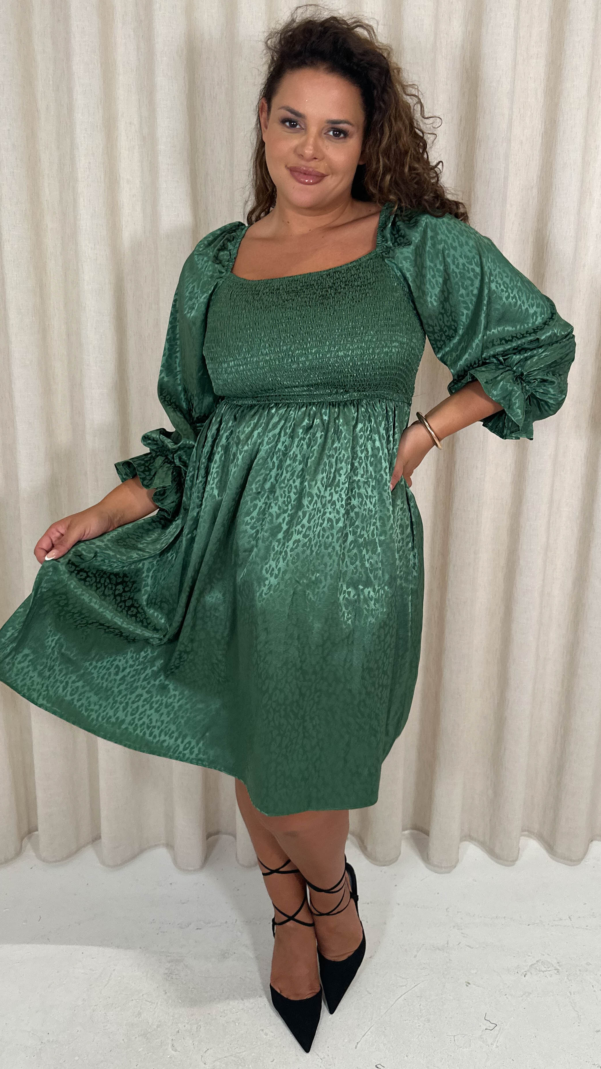 CurveWow Printed Satin Shirred Top Mini Dress Forest Green
